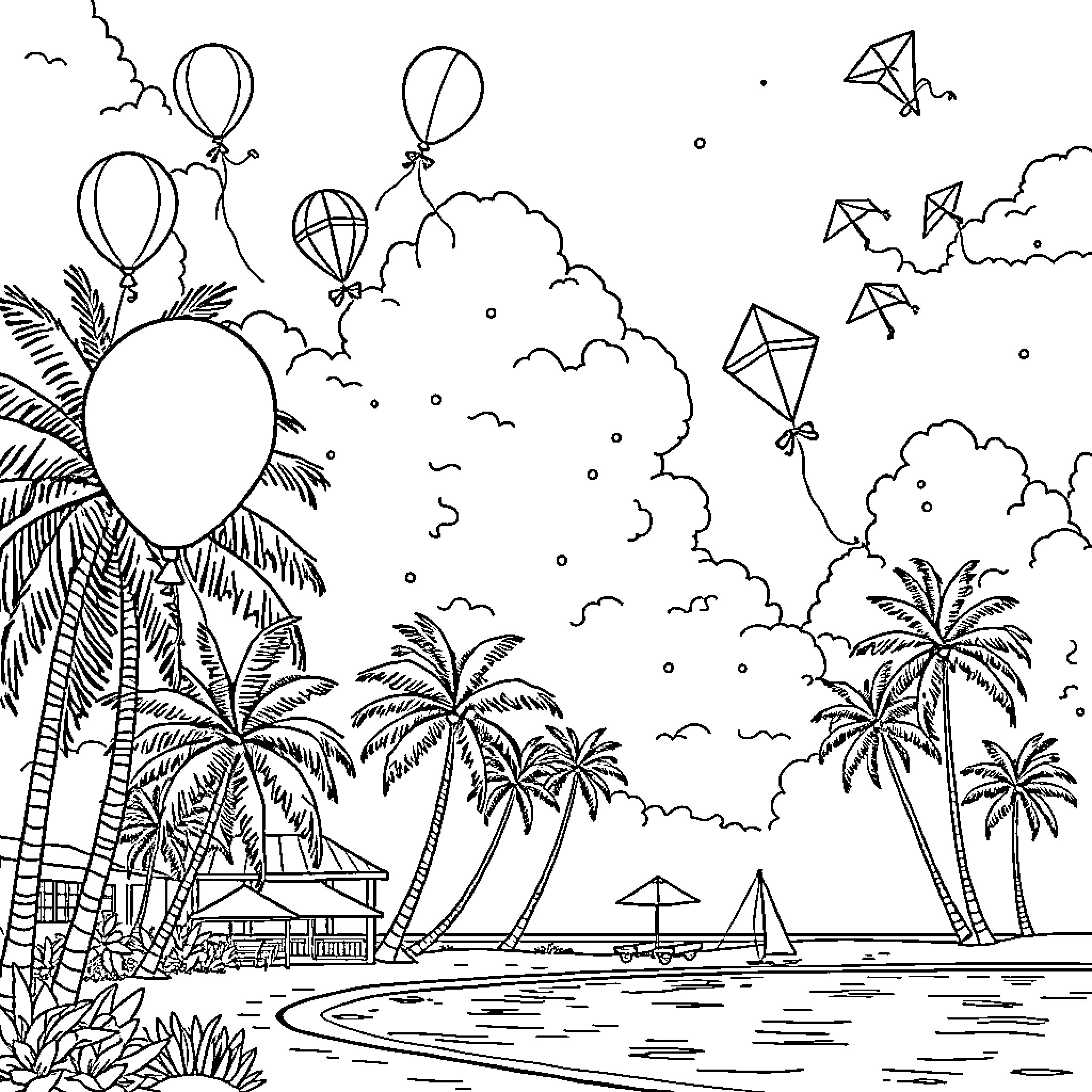 Balloon Festival in Tropical Paradise Coloring Page (free black-and-white line drawing printable PDF for all, from beginners to advanced learners, including children, teens, adults, and seniors)