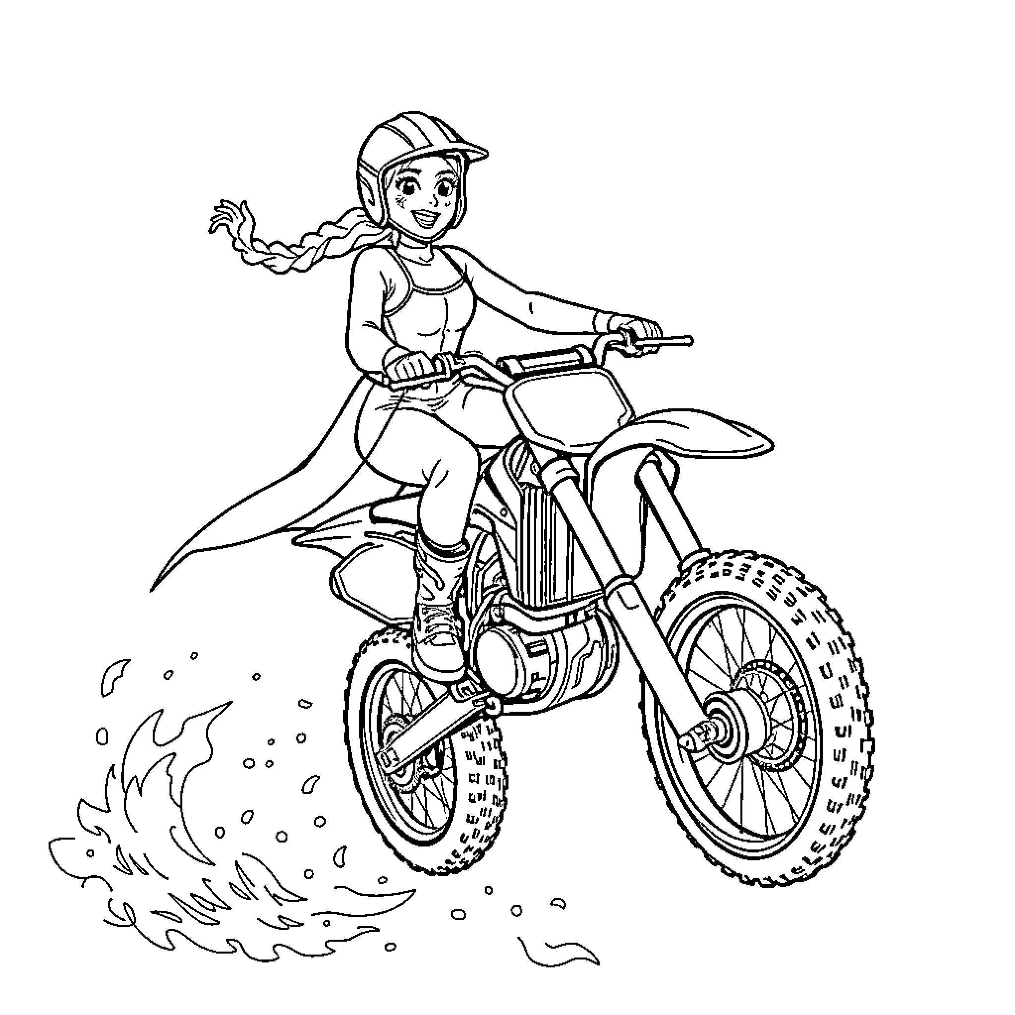Elsa riding a dirt bike with excitement Coloring Page (free black-and-white line drawing printable PDF for all, from beginners to advanced learners, including children, teens, adults, and seniors)
