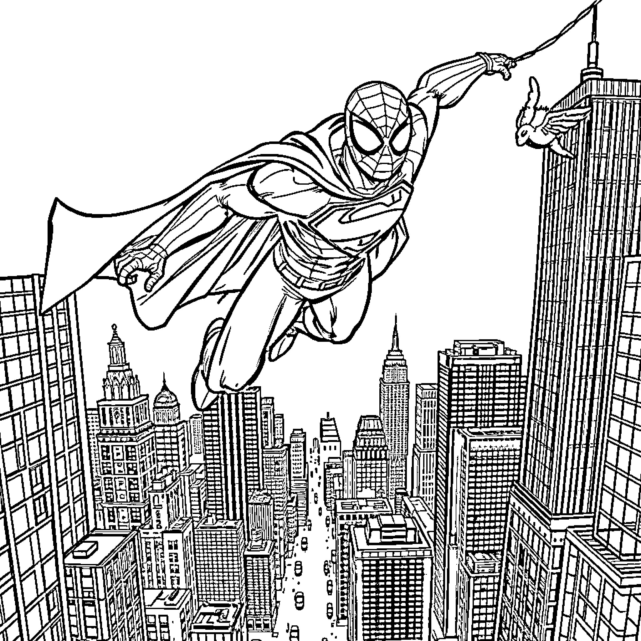 Spiderman swinging through New York City skyline Coloring Page (free black-and-white line drawing printable PDF for all, from beginners to advanced learners, including children, teens, adults, and seniors)