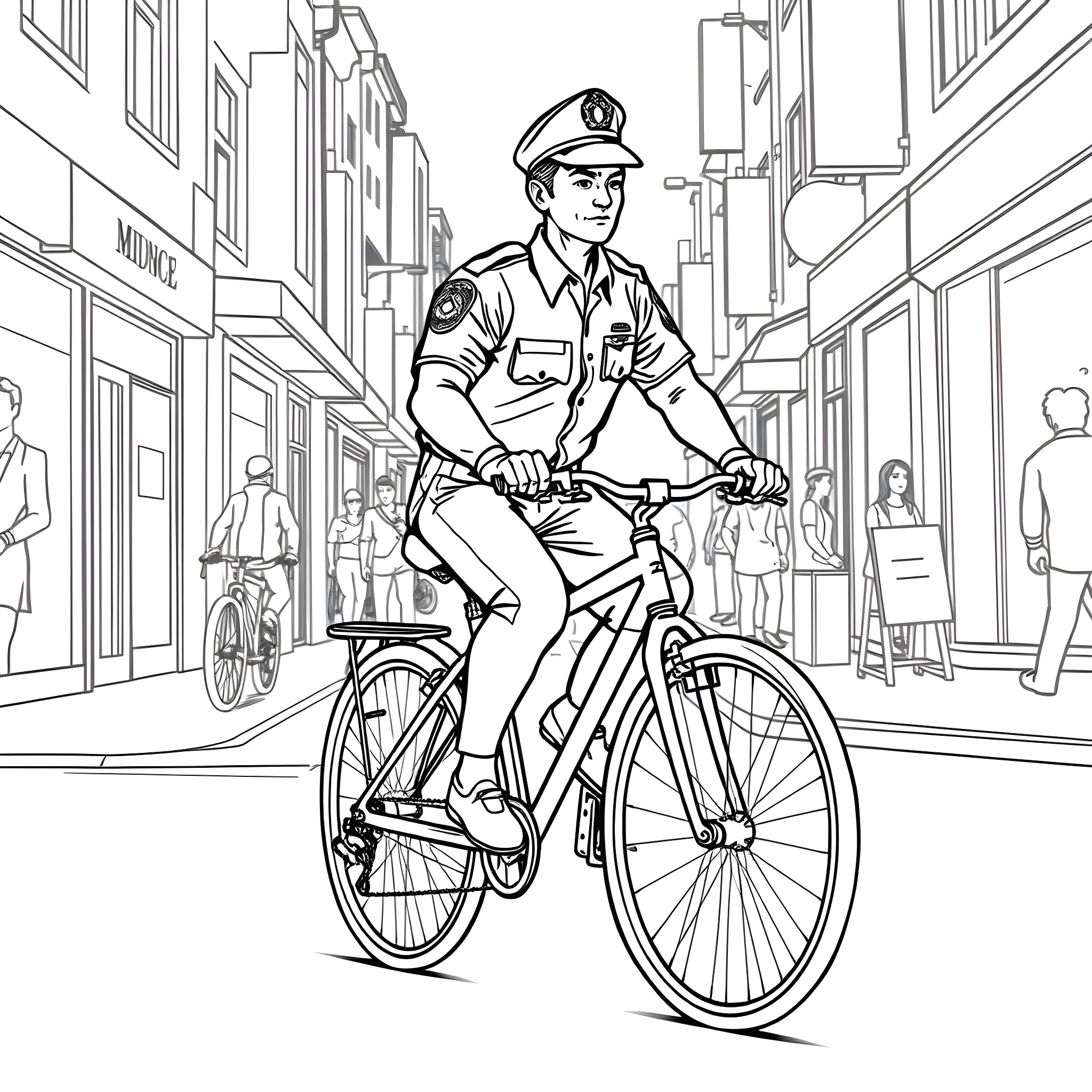 Bike Cop Patrolling the City Streets Coloring Page (free black-and-white line drawing printable PDF for all, from beginners to advanced learners, including children, teens, adults, and seniors)