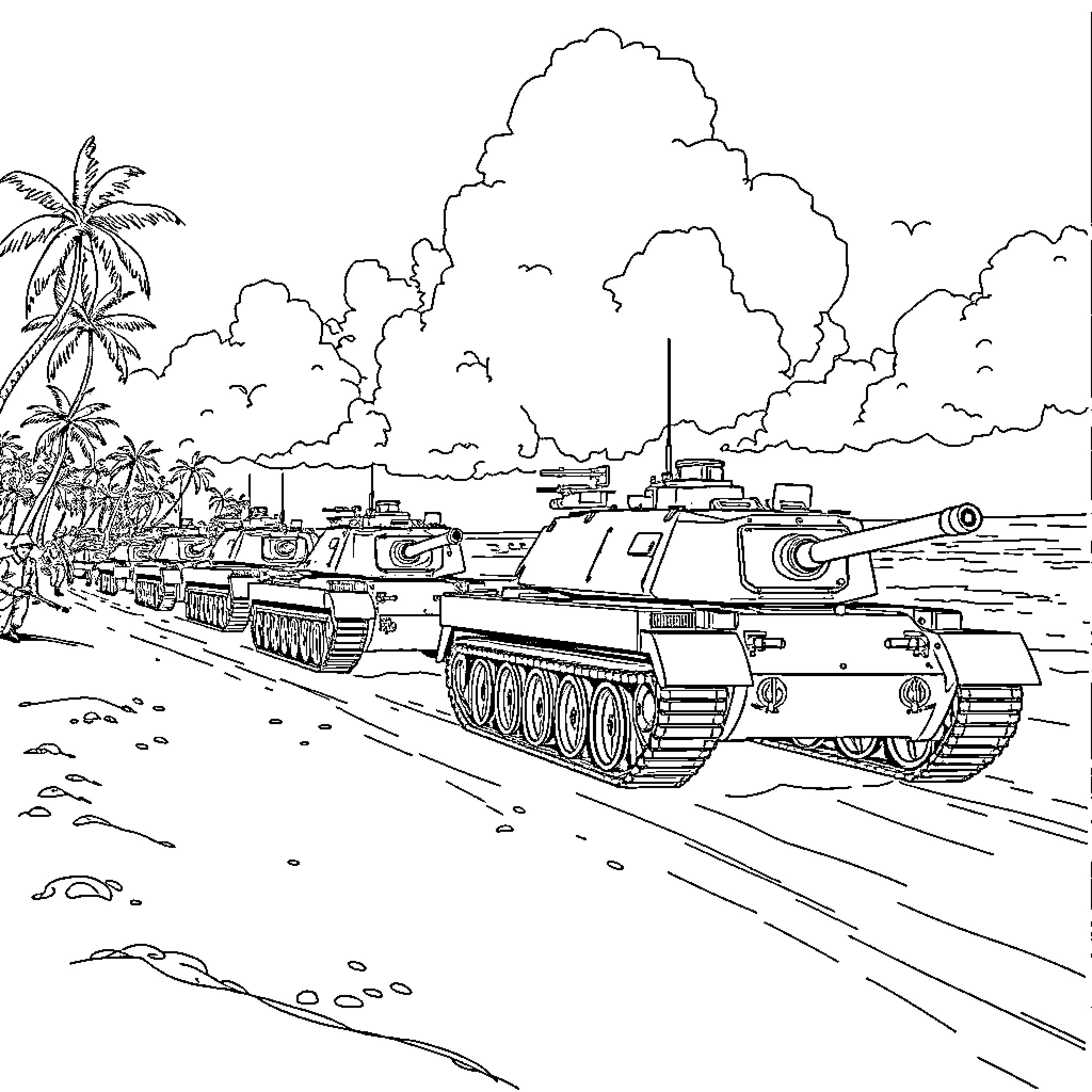 Marine Tanks Advancing on Beach with Palms Coloring Page (free black-and-white line drawing printable PDF for all, from beginners to advanced learners, including children, teens, adults, and seniors)