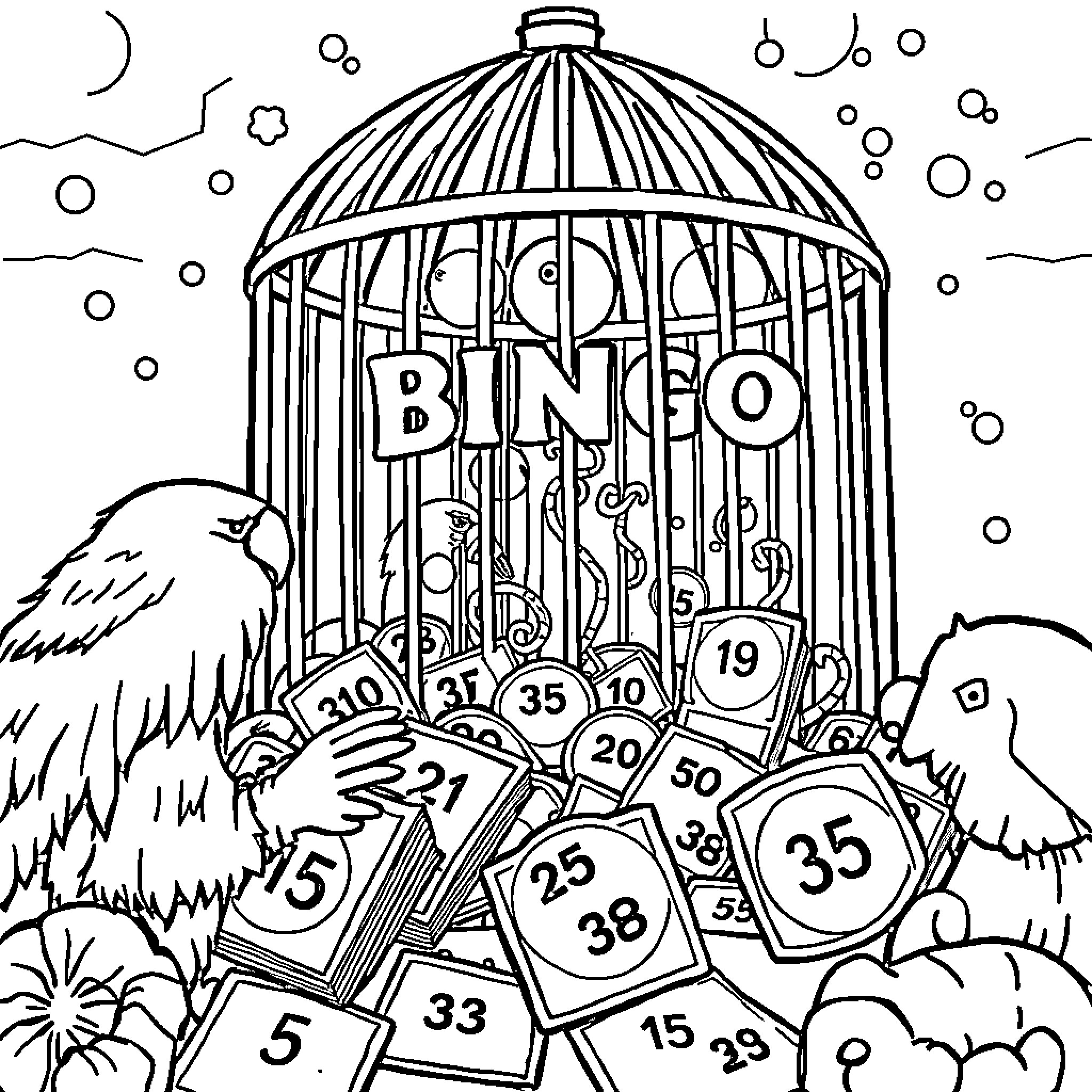 Bingo game night with numbers and cage Coloring Page (free black-and-white line drawing printable PDF for all, from beginners to advanced learners, including children, teens, adults, and seniors)
