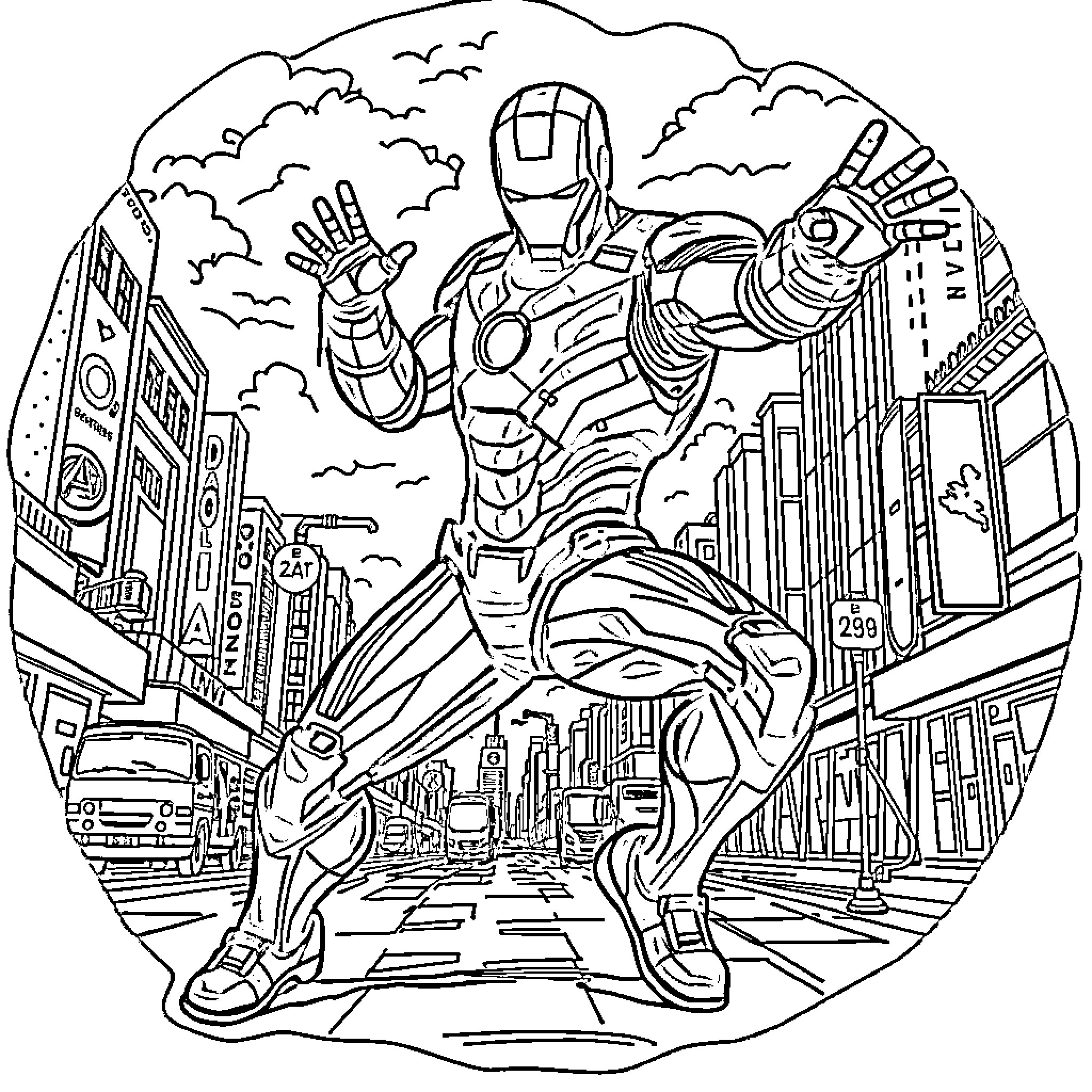Ironman soaring over the city in action pose Coloring Page (free black-and-white line drawing printable PDF for all, from beginners to advanced learners, including children, teens, adults, and seniors)