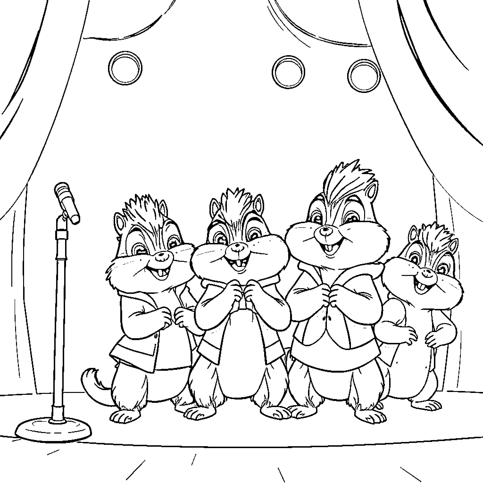Chipmunk friends perform on stage Coloring Page (free black-and-white line drawing printable PDF for all, from beginners to advanced learners, including children, teens, adults, and seniors)