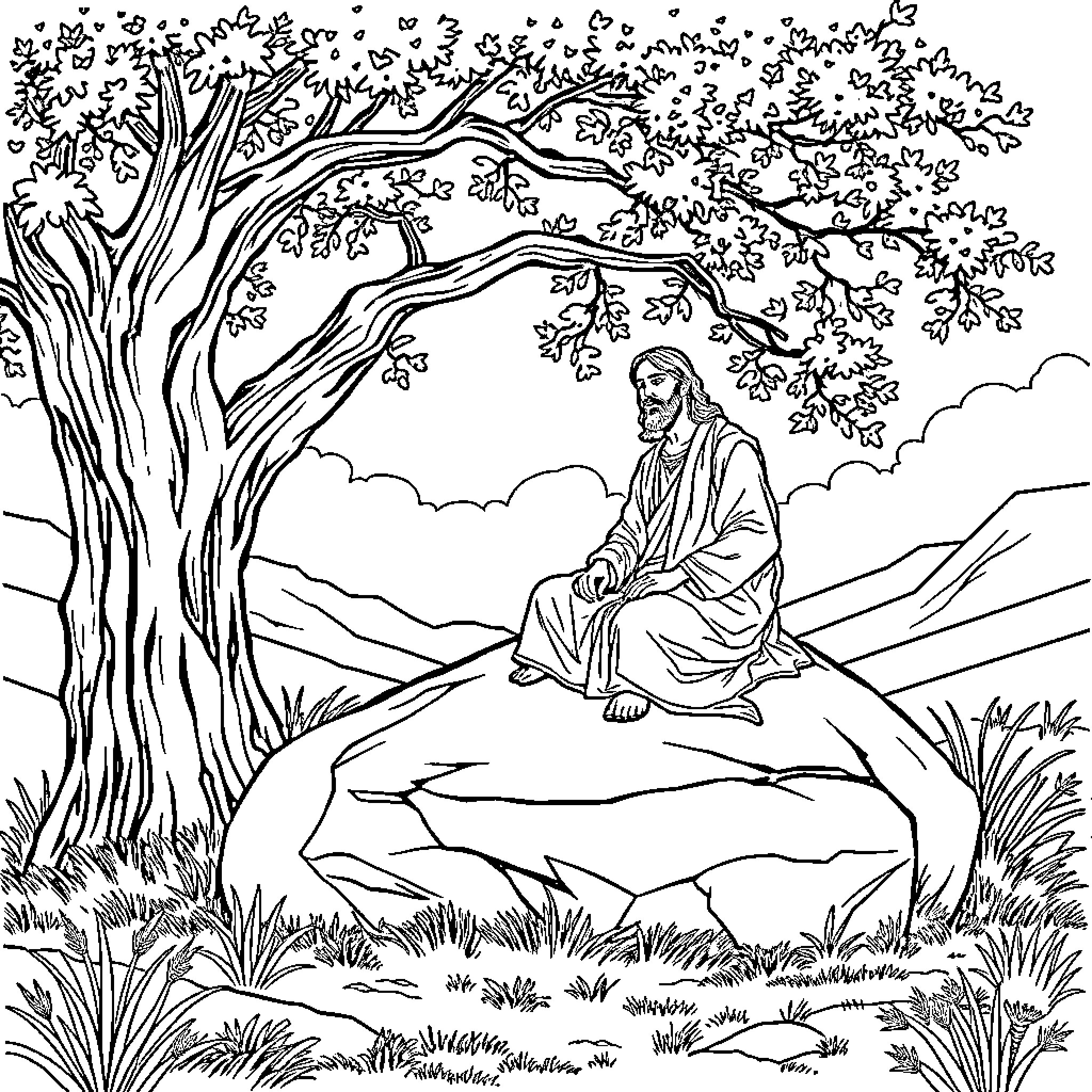 Jesus sitting in quiet contemplation under a tree Coloring Page (free black-and-white line drawing printable PDF for all, from beginners to advanced learners, including children, teens, adults, and seniors)