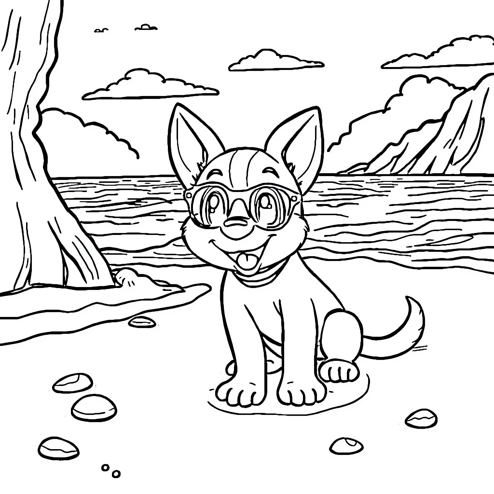 Bluey exploring the beach with glee Coloring Page (free black-and-white line drawing printable PDF for all, from beginners to advanced learners, including children, teens, adults, and seniors)