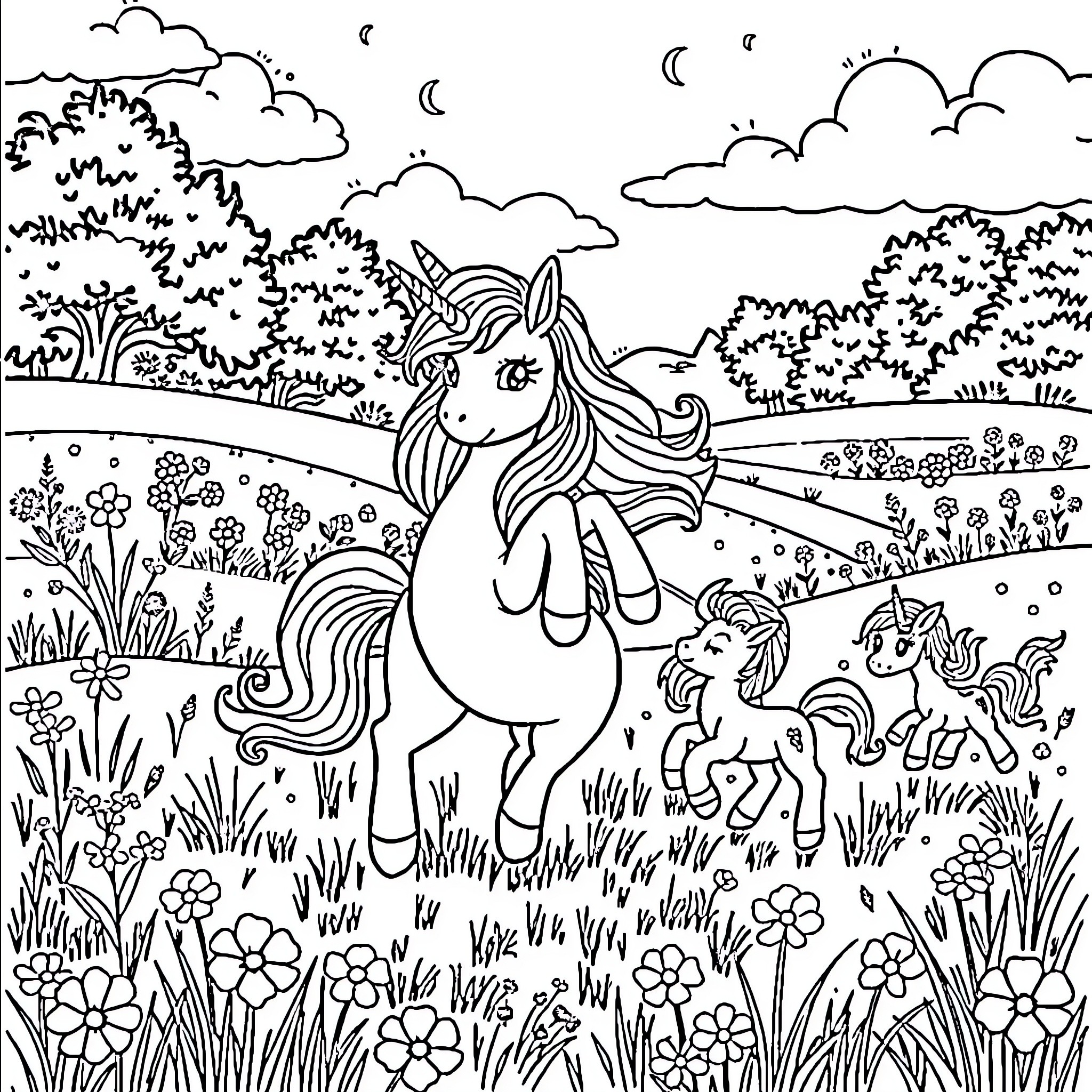 Unicorn family enjoying a peaceful night in the meadow Coloring Page (free black-and-white line drawing printable PDF for all, from beginners to advanced learners, including children, teens, adults, and seniors)