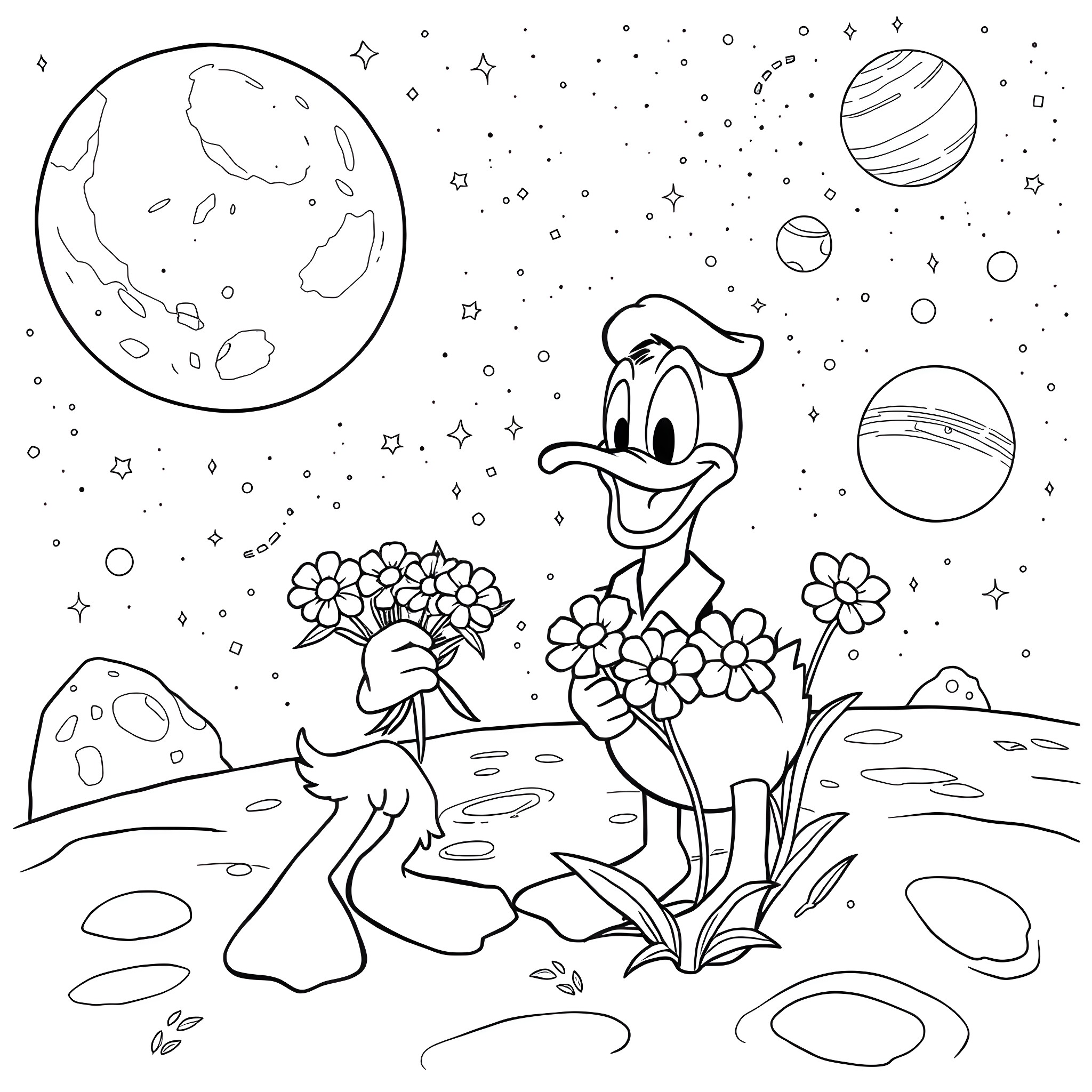 Donald Duck exploring the cosmic landscape Coloring Page (free black-and-white line drawing printable PDF for all, from beginners to advanced learners, including children, teens, adults, and seniors)