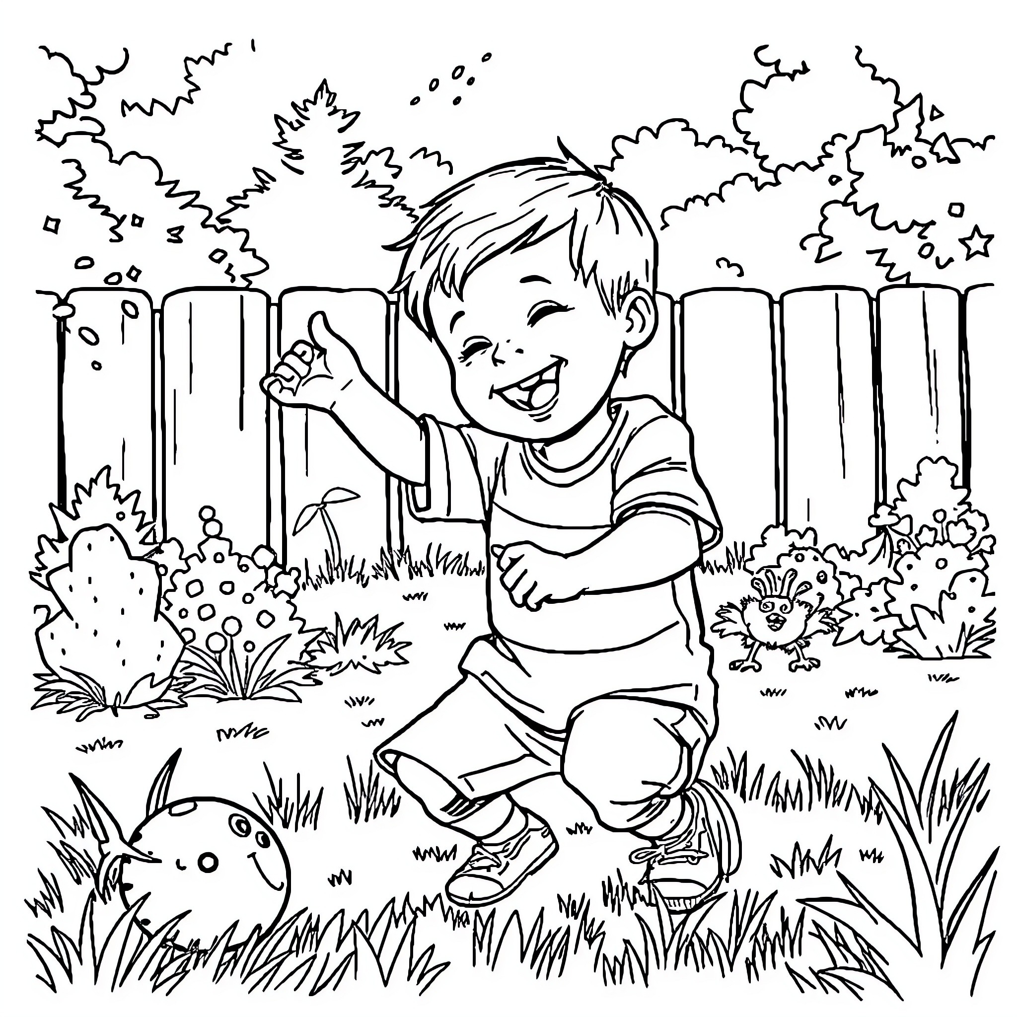 Son playing joyfully in the backyard Coloring Page (free black-and-white line drawing printable PDF for all, from beginners to advanced learners, including children, teens, adults, and seniors)