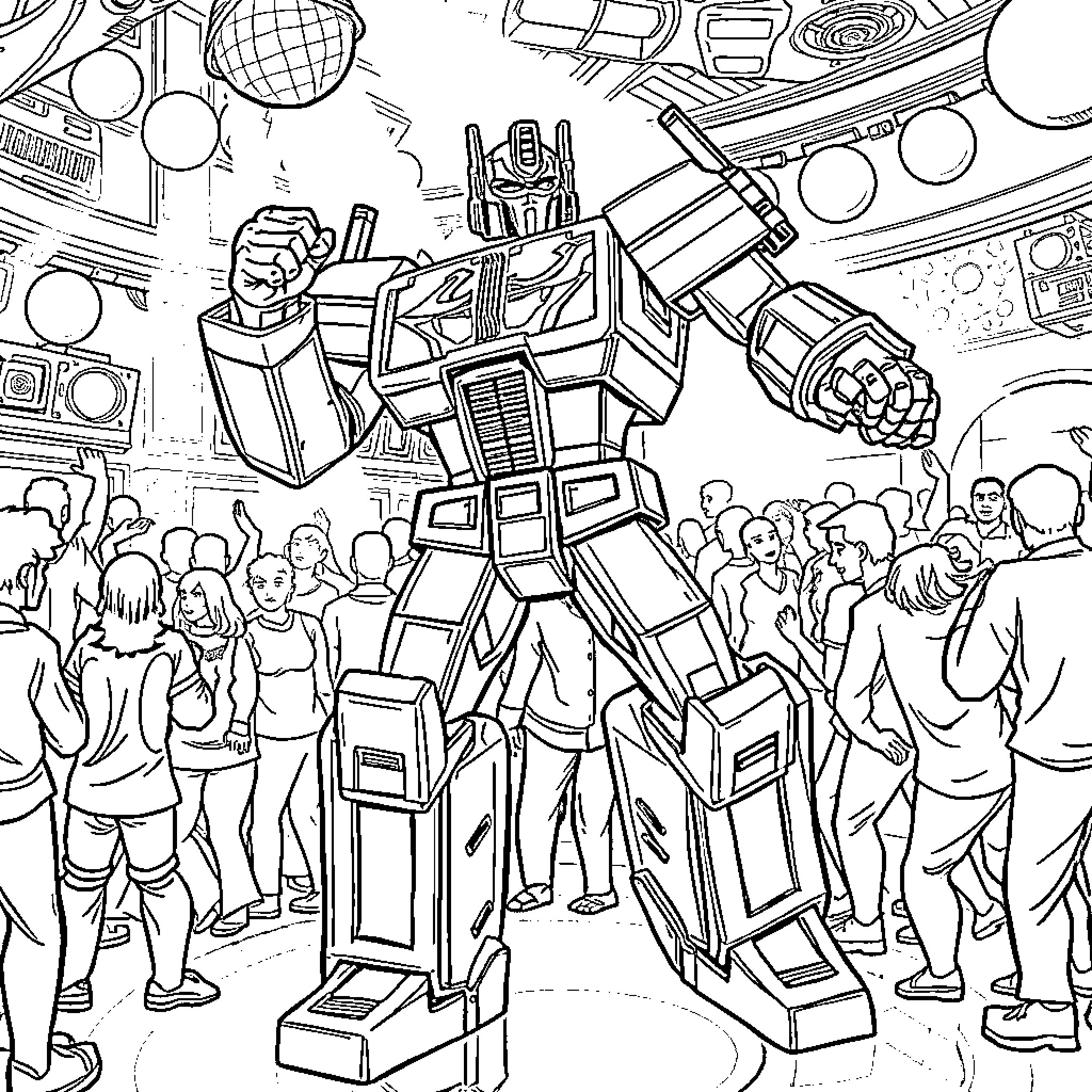 Optimus Prime among excited crowd Coloring Page (free black-and-white line drawing printable PDF for all, from beginners to advanced learners, including children, teens, adults, and seniors)