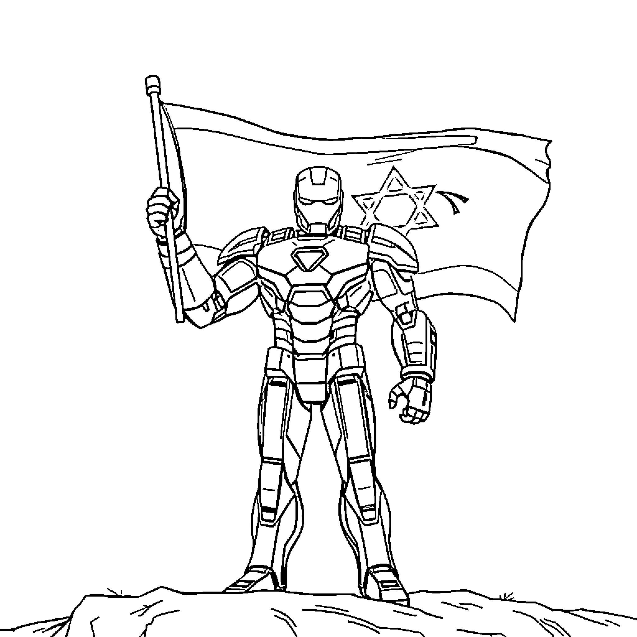 Iron Man Heroically Holding Flag Coloring Page (free black-and-white line drawing printable PDF for all, from beginners to advanced learners, including children, teens, adults, and seniors)