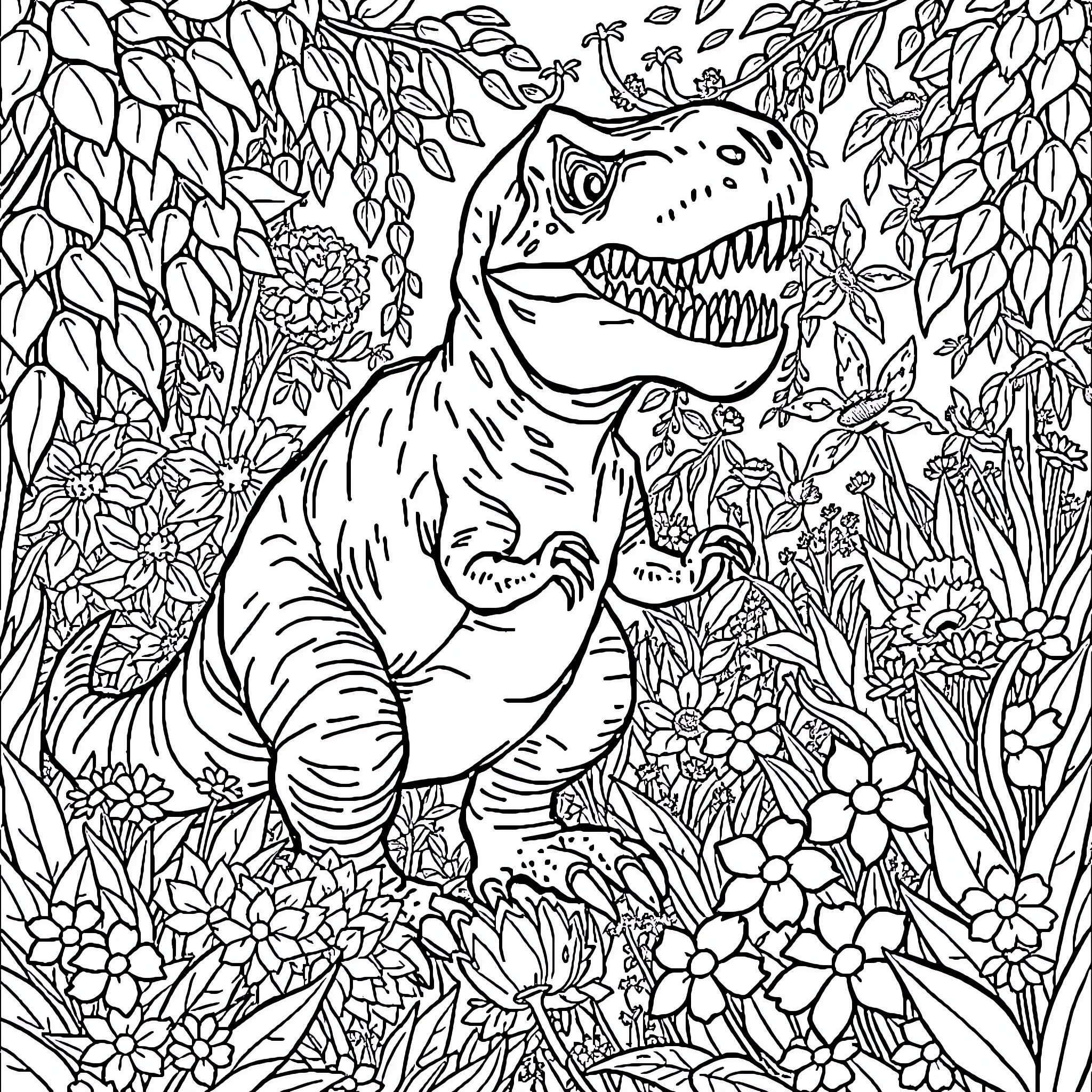 T-Rex exploring a lush floral landscape Coloring Page (free black-and-white line drawing printable PDF for all, from beginners to advanced learners, including children, teens, adults, and seniors)