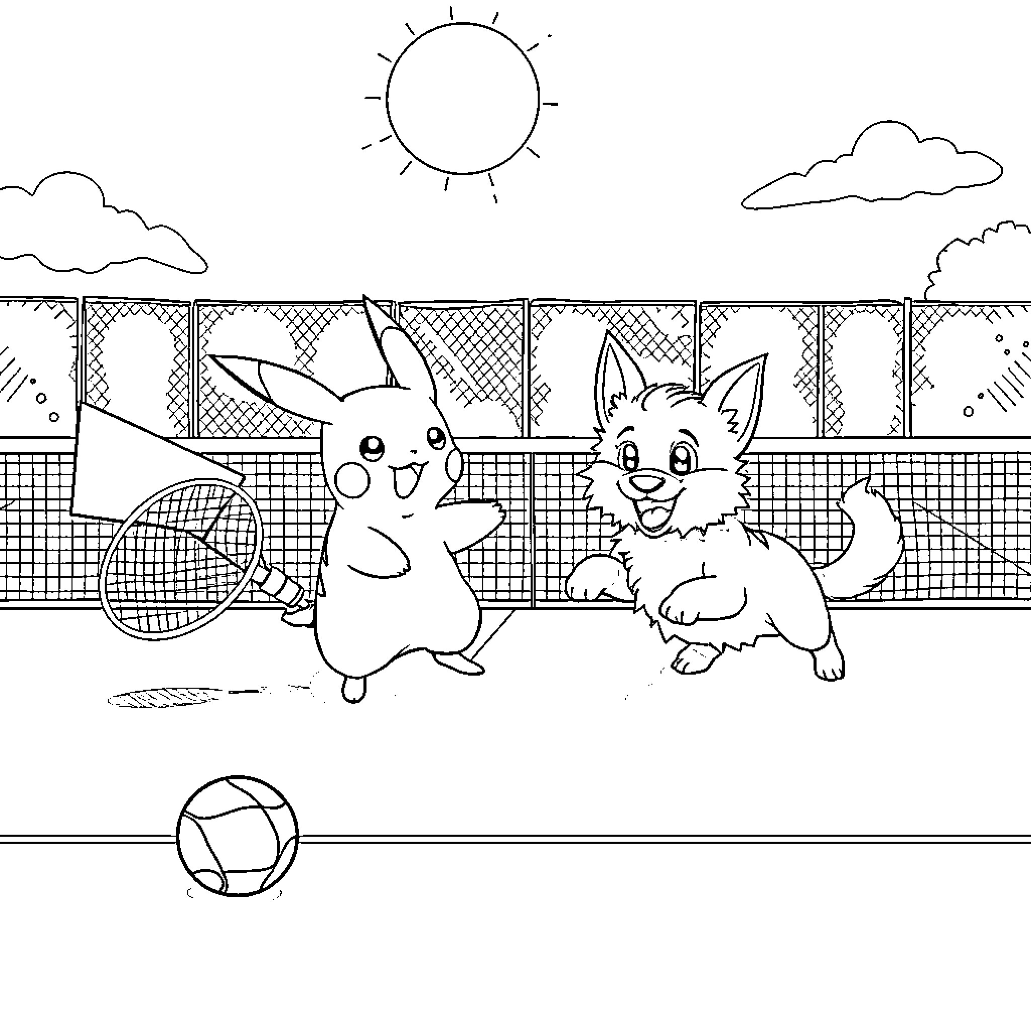 Pikachu and friends playing tennis on the court Coloring Page (free black-and-white line drawing printable PDF for all, from beginners to advanced learners, including children, teens, adults, and seniors)