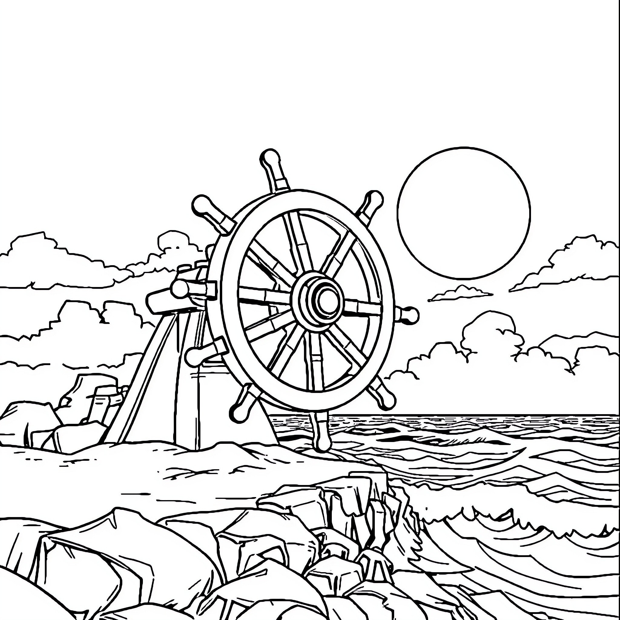 Wheel of a Ship in the Stormy Sea Coloring Page (free black-and-white line drawing printable PDF for all, from beginners to advanced learners, including children, teens, adults, and seniors)