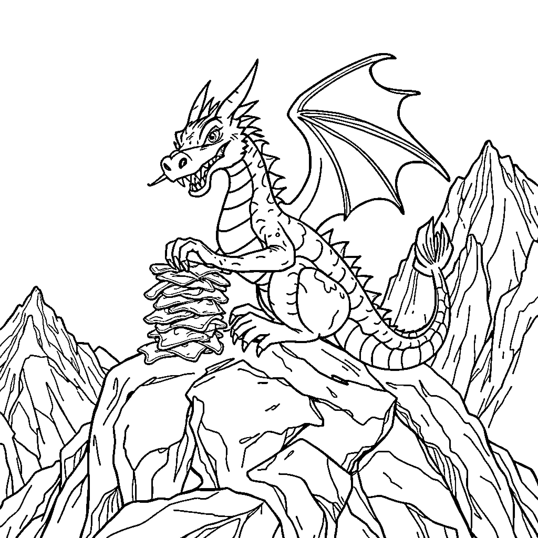 Dragon soaring high over rocky mountains Coloring Page (free black-and-white line drawing printable PDF for all, from beginners to advanced learners, including children, teens, adults, and seniors)
