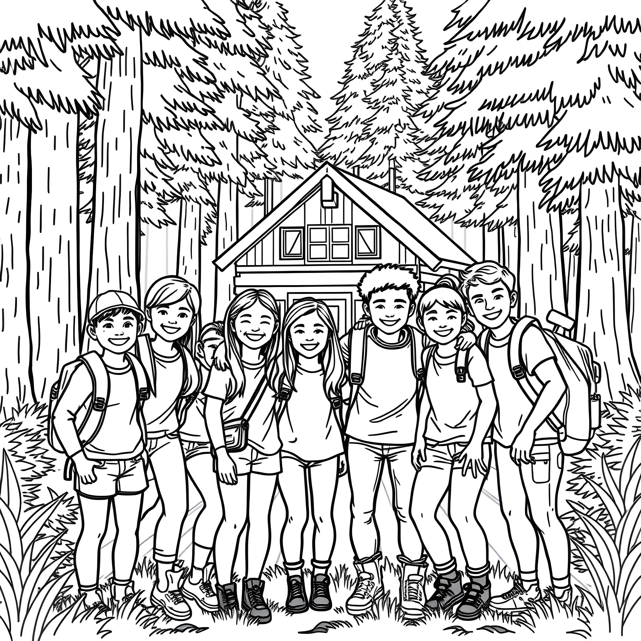 Teenager camp friends exploring the woods Coloring Page (free black-and-white line drawing printable PDF for all, from beginners to advanced learners, including children, teens, adults, and seniors)