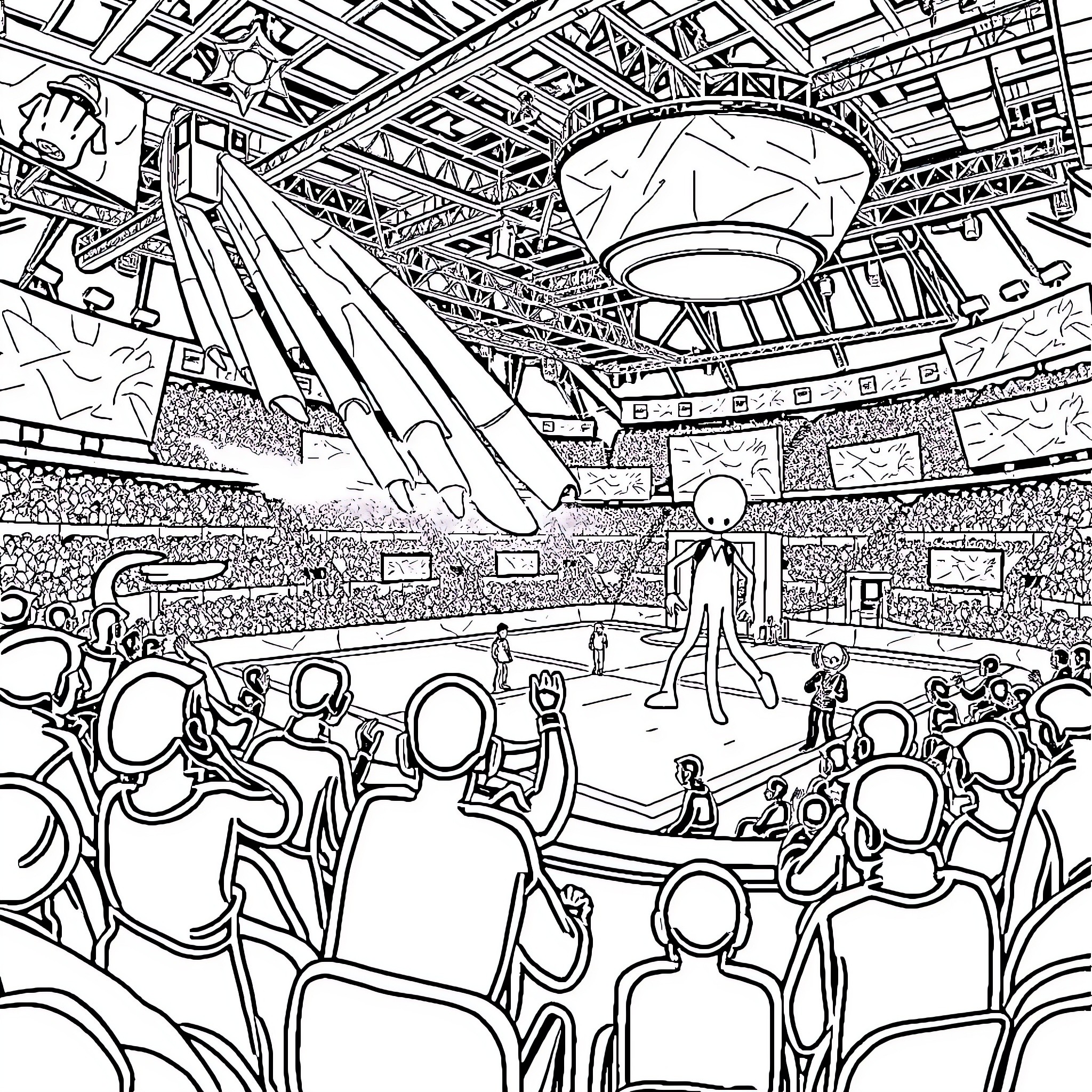 Squid Game Contestants in Futuristic Stadium Coloring Page (free black-and-white line drawing printable PDF for all, from beginners to advanced learners, including children, teens, adults, and seniors)
