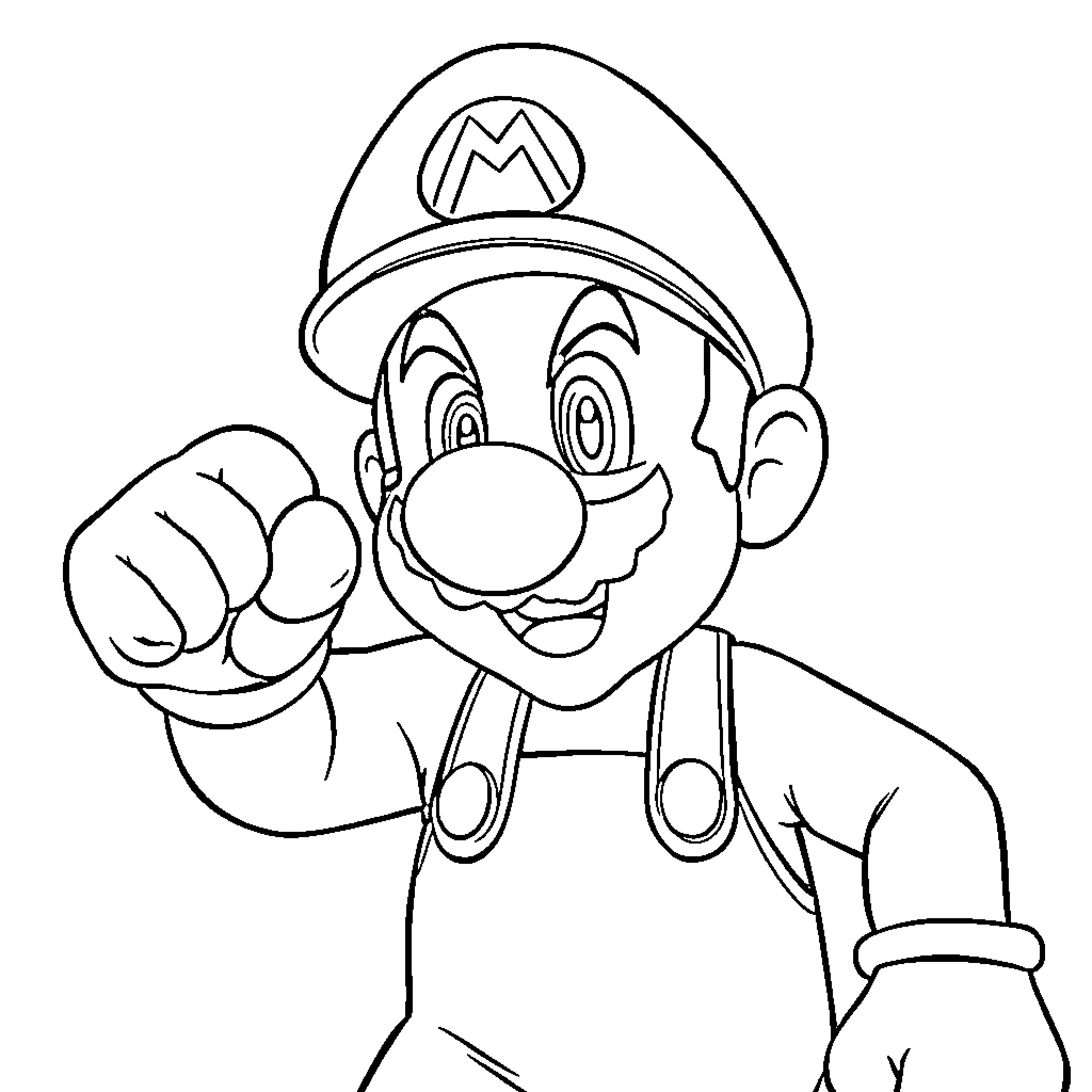 Mario making a fist in a confident pose Coloring Page (free black-and-white line drawing printable PDF for all, from beginners to advanced learners, including children, teens, adults, and seniors)
