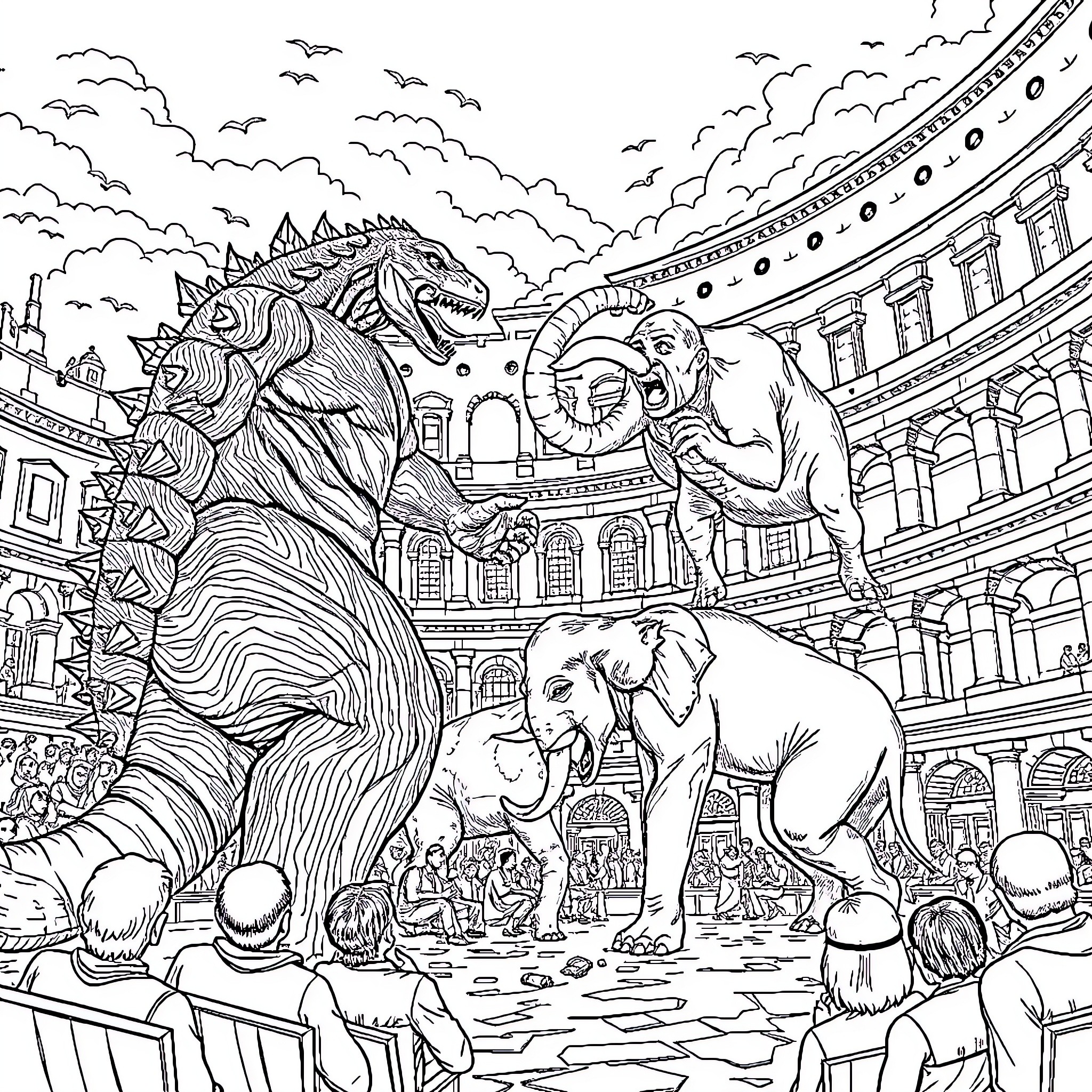 Godzilla and other giant monsters in a bustling city scene Coloring Page (free black-and-white line drawing printable PDF for all, from beginners to advanced learners, including children, teens, adults, and seniors)