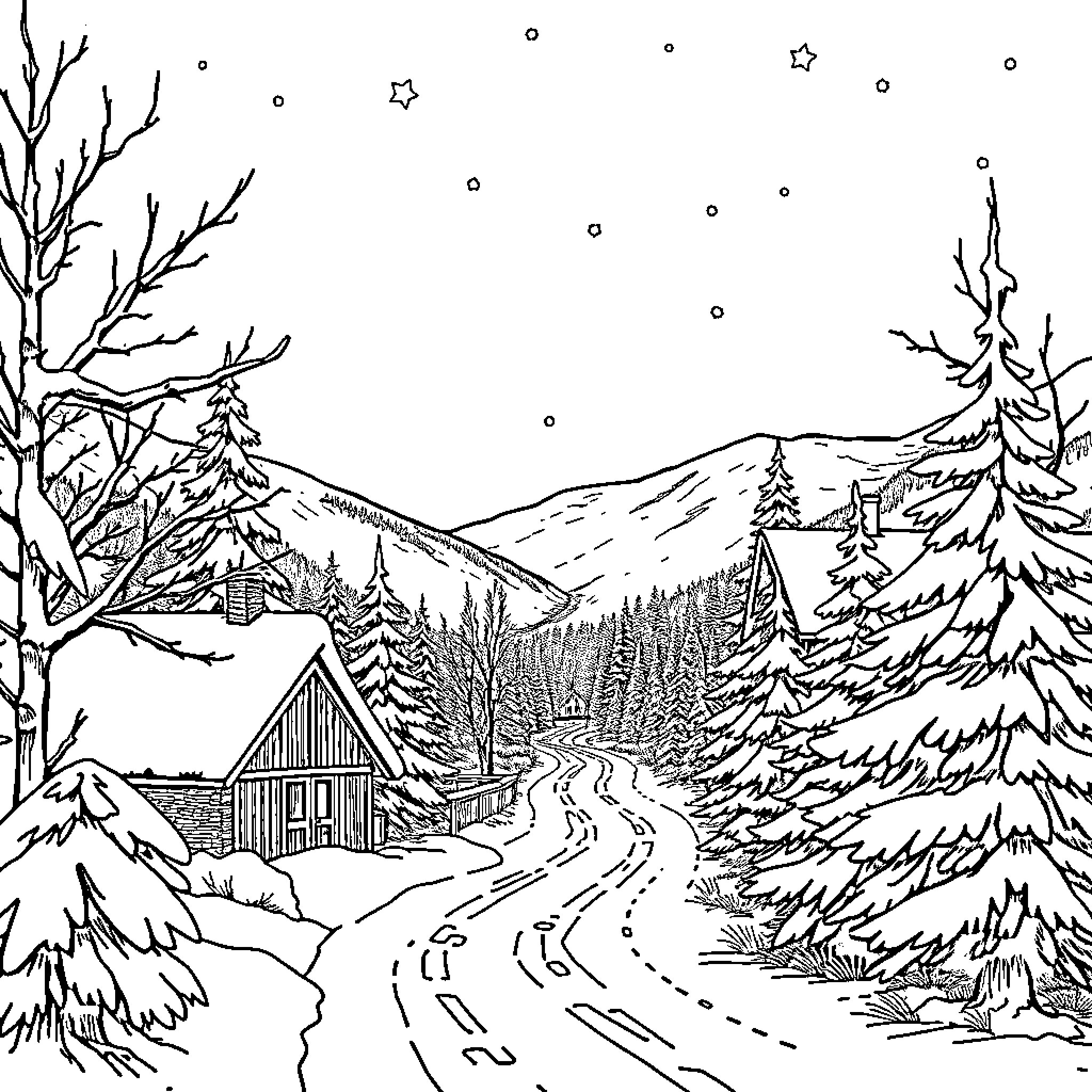 Ballater winter landscape with cabin and snowy forest Coloring Page (free black-and-white line drawing printable PDF for all, from beginners to advanced learners, including children, teens, adults, and seniors)