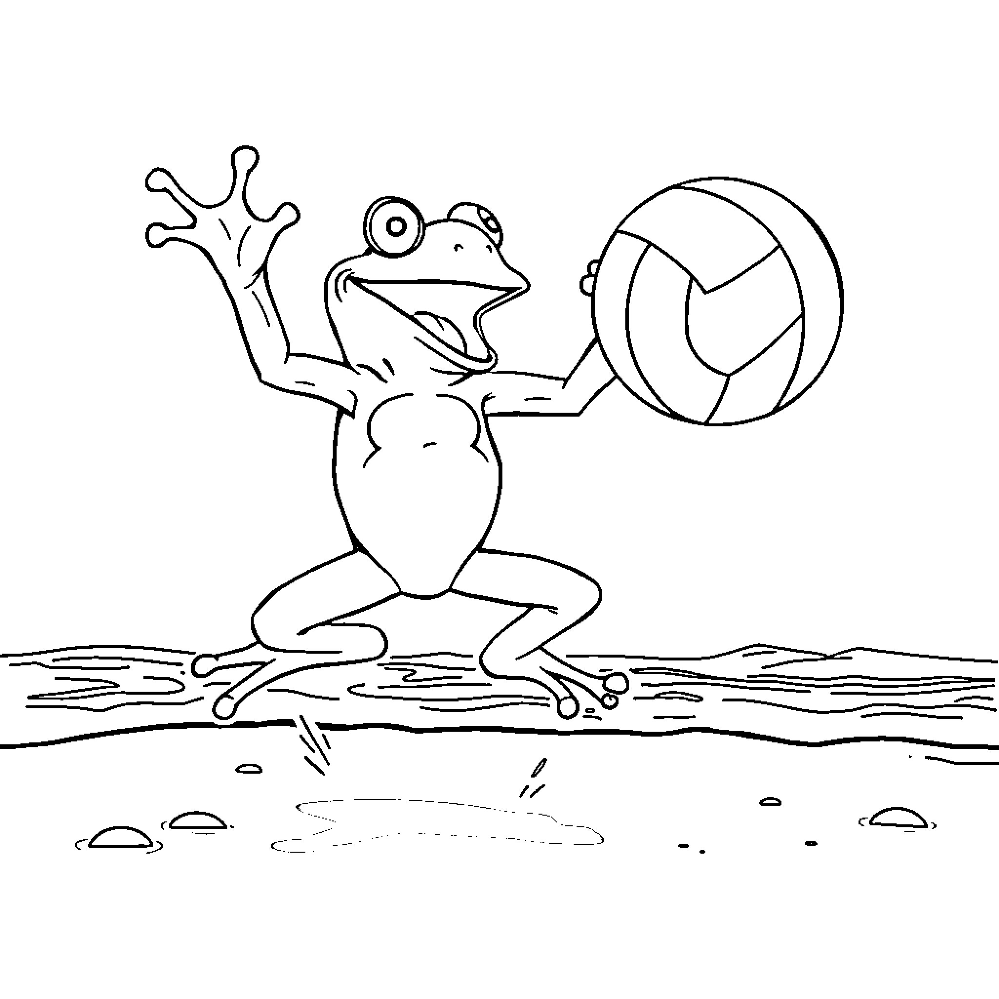 Frog playing with volleyball in the water Coloring Page (free black-and-white line drawing printable PDF for all, from beginners to advanced learners, including children, teens, adults, and seniors)
