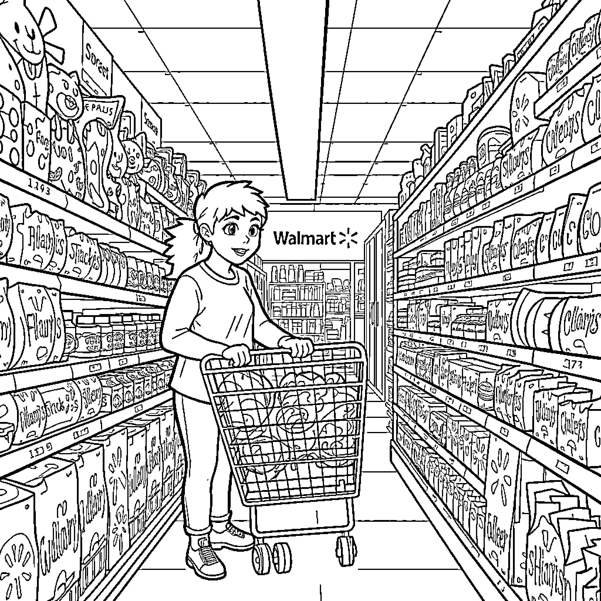 Bluey shopping happily in the grocery store Coloring Page (free black-and-white line drawing printable PDF for all, from beginners to advanced learners, including children, teens, adults, and seniors)