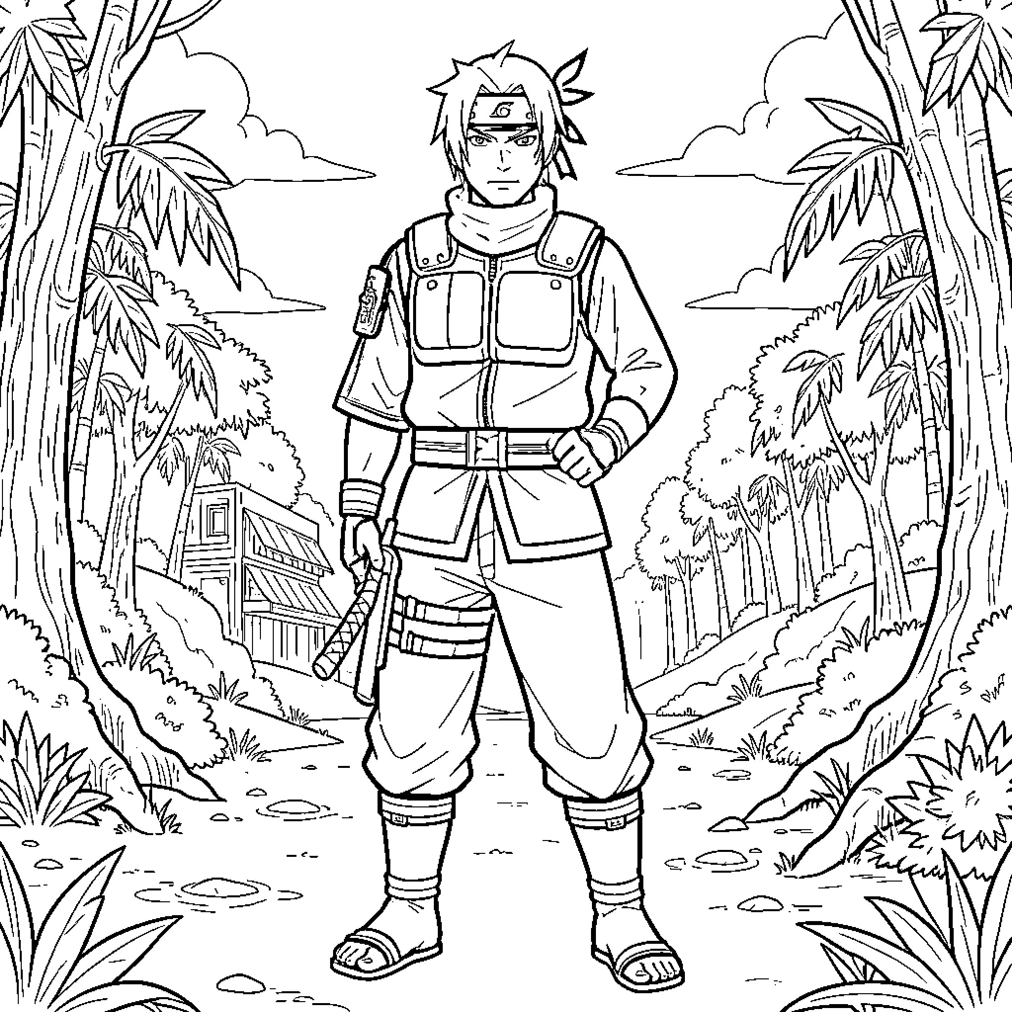 Shinobi standing alertly in a tropical forest Coloring Page (free black-and-white line drawing printable PDF for all, from beginners to advanced learners, including children, teens, adults, and seniors)