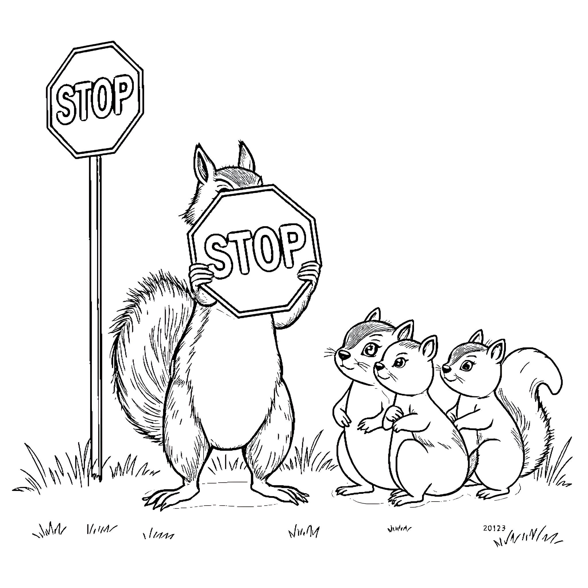 Squirrels holding stop signs and looking curious Coloring Page (free black-and-white line drawing printable PDF for all, from beginners to advanced learners, including children, teens, adults, and seniors)