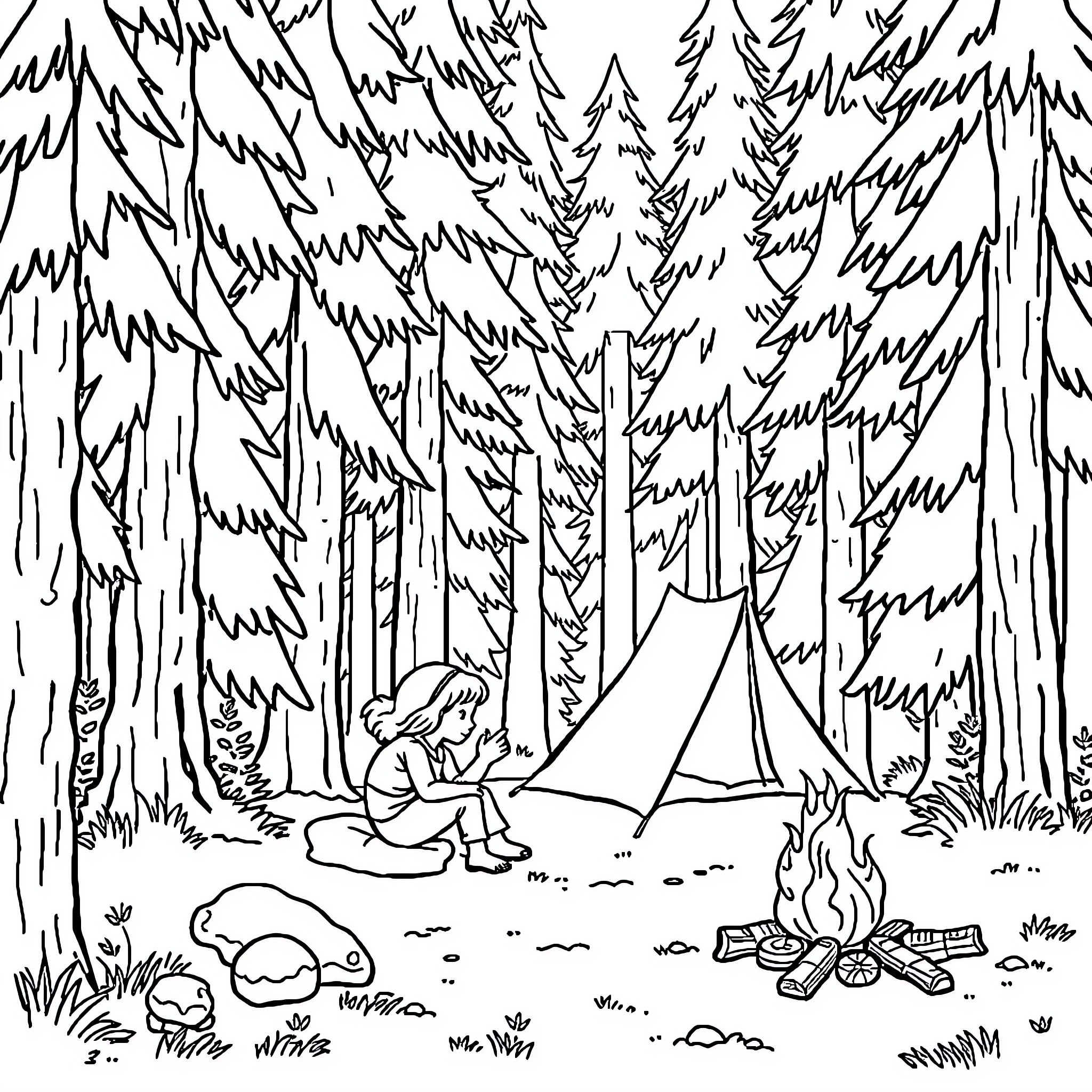 Camping in the serene forest Coloring Page (free black-and-white line drawing printable PDF for all, from beginners to advanced learners, including children, teens, adults, and seniors)
