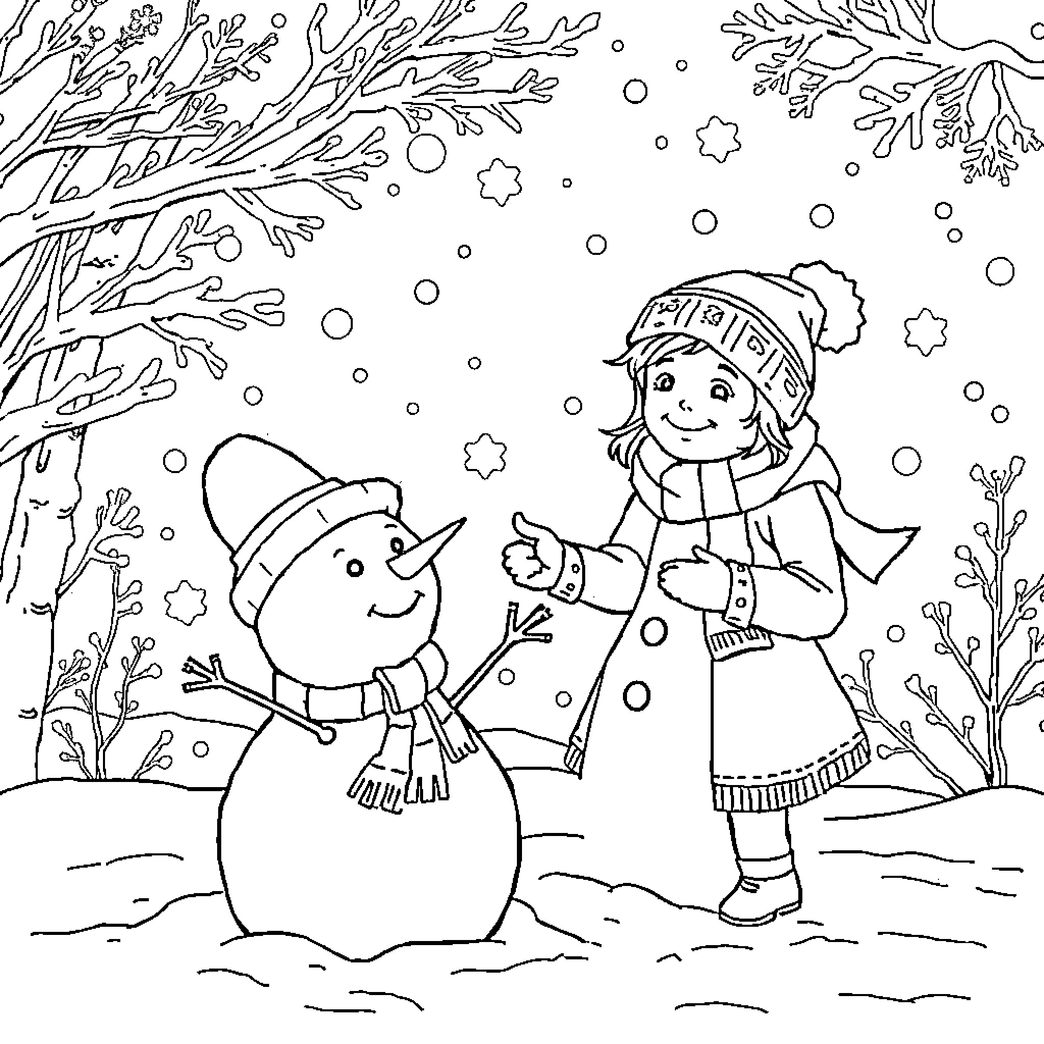 Ms Rachel Building a Snowman in Winter Wonderland Coloring Page (free black-and-white line drawing printable PDF for all, from beginners to advanced learners, including children, teens, adults, and seniors)