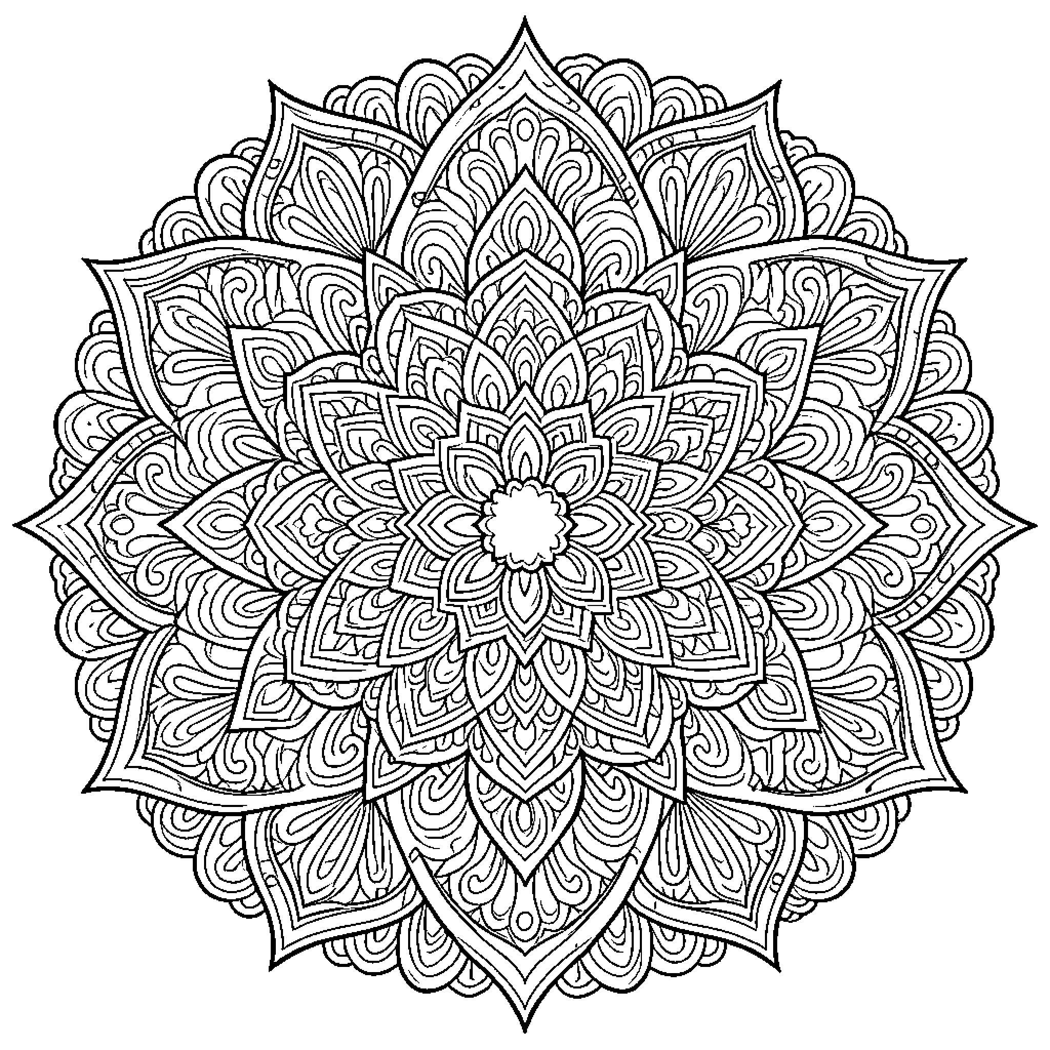 Mandala with intricate floral patterns Coloring Page (free black-and-white line drawing printable PDF for all, from beginners to advanced learners, including children, teens, adults, and seniors)