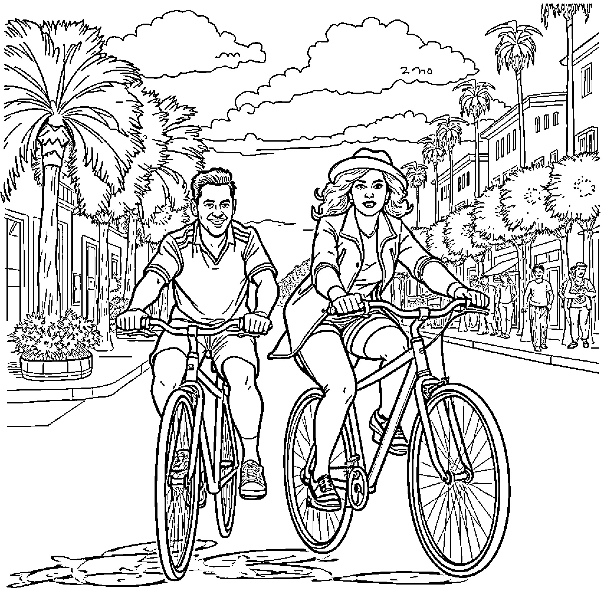Bicycle riders enjoying a sunny day in the city Coloring Page (free black-and-white line drawing printable PDF for all, from beginners to advanced learners, including children, teens, adults, and seniors)