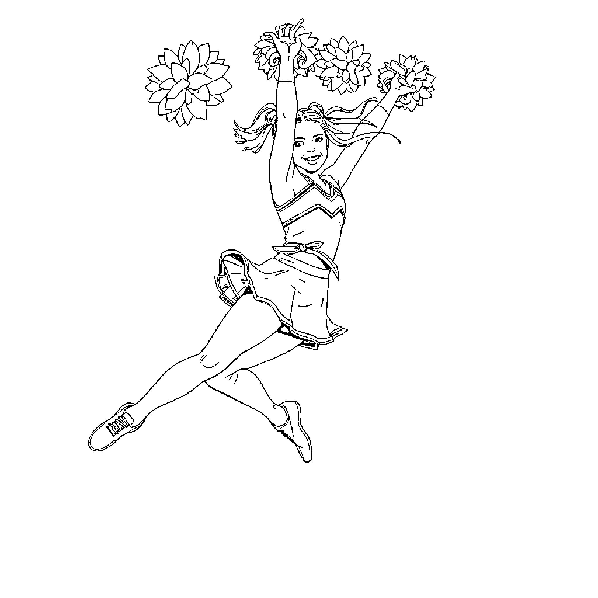 Cheerleader performing energetic routine Coloring Page (free black-and-white line drawing printable PDF for all, from beginners to advanced learners, including children, teens, adults, and seniors)