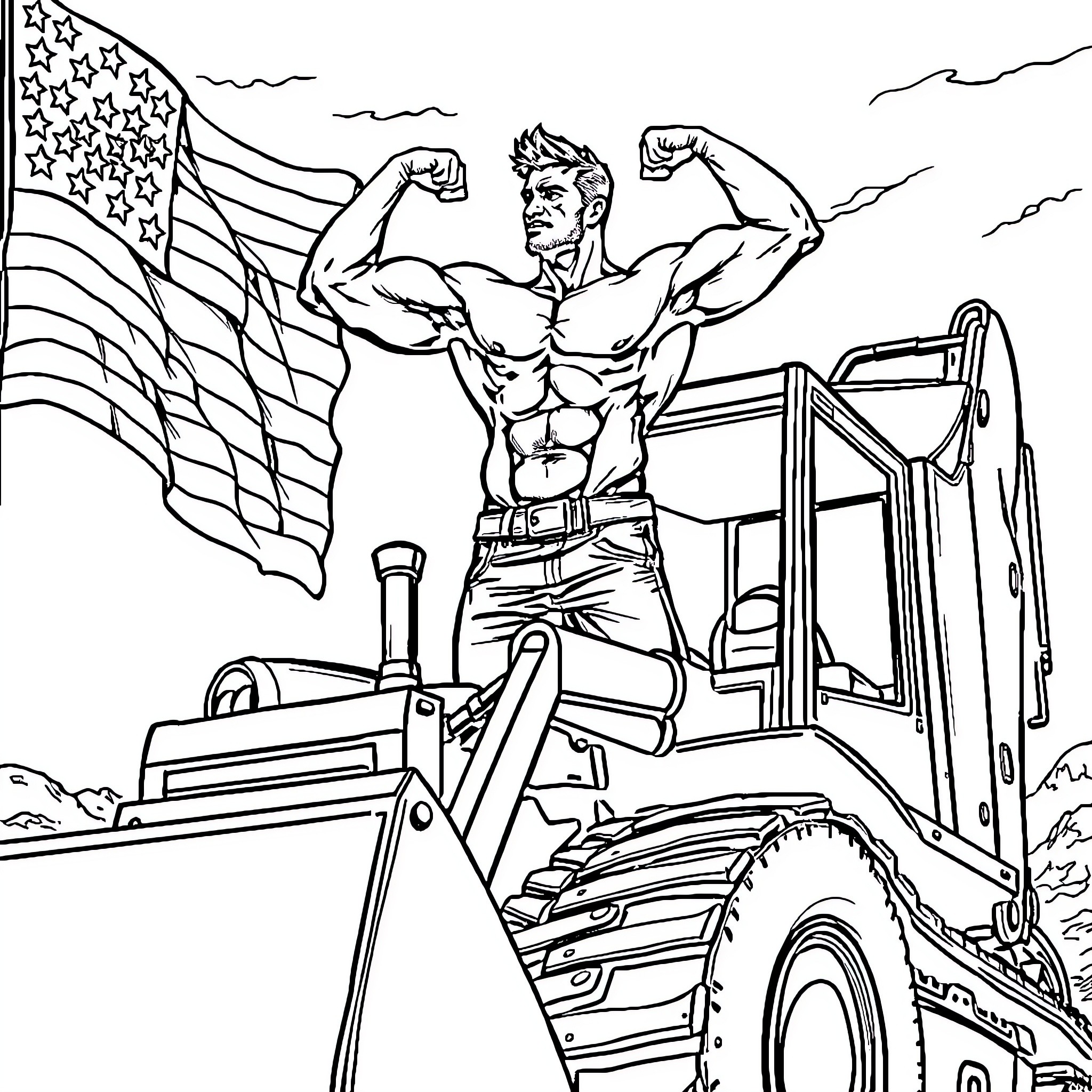 Man flexing muscles on construction equipment with American flag Coloring Page (free black-and-white line drawing printable PDF for all, from beginners to advanced learners, including children, teens, adults, and seniors)