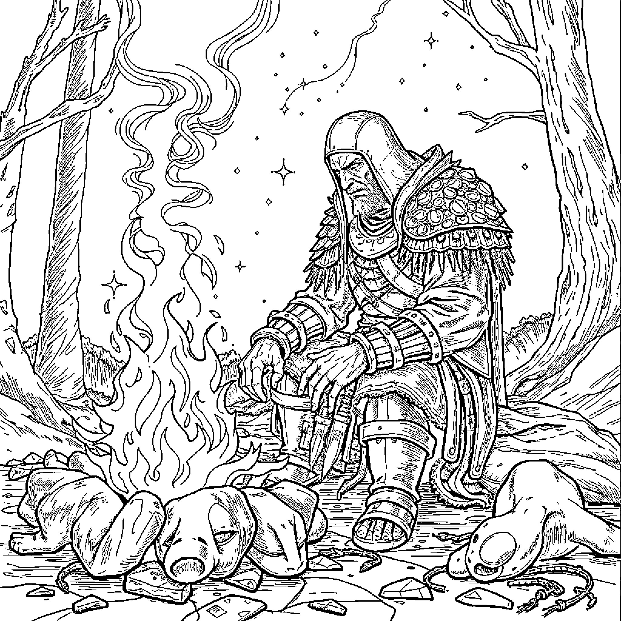 Artorias, the Abysswalker, in contemplation amidst the abyss Coloring Page (free black-and-white line drawing printable PDF for all, from beginners to advanced learners, including children, teens, adults, and seniors)