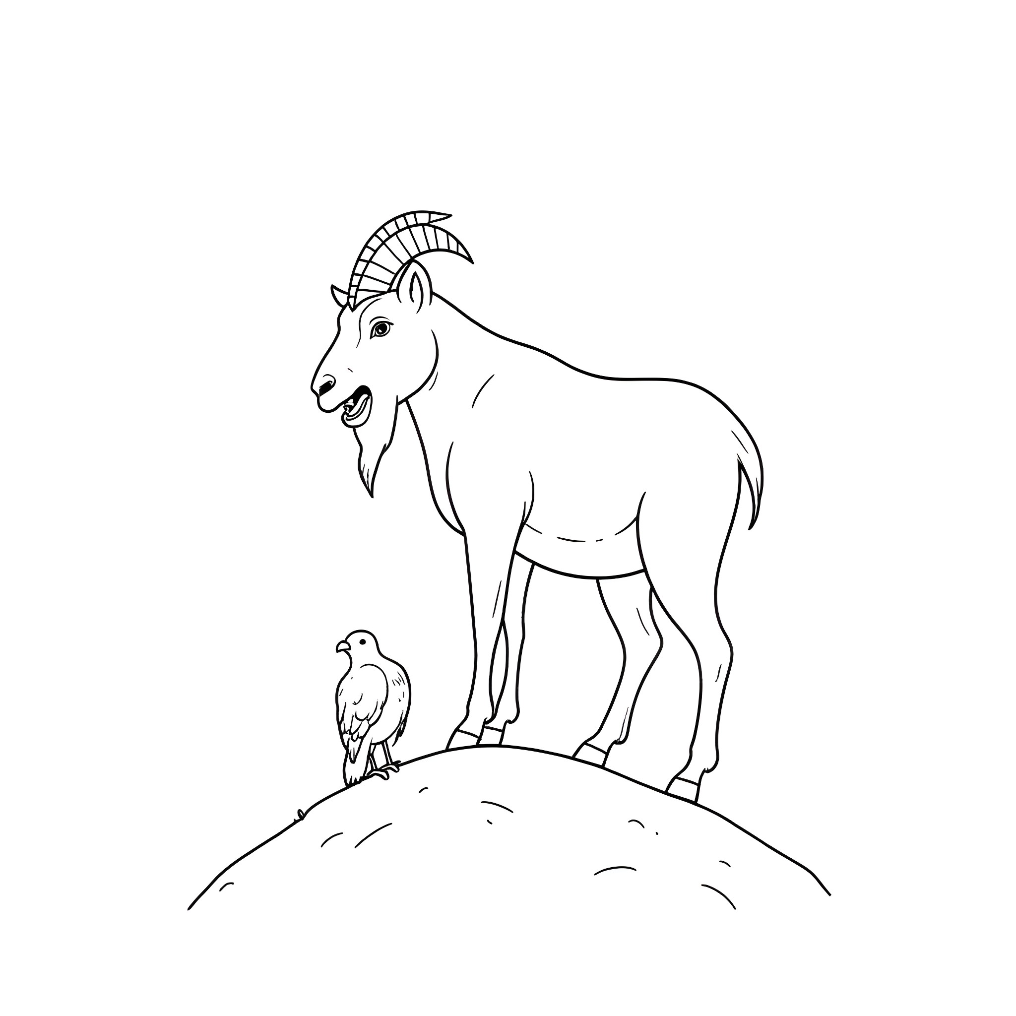 Goat standing on a hill with a bird Coloring Page (free black-and-white line drawing printable PDF for all, from beginners to advanced learners, including children, teens, adults, and seniors)