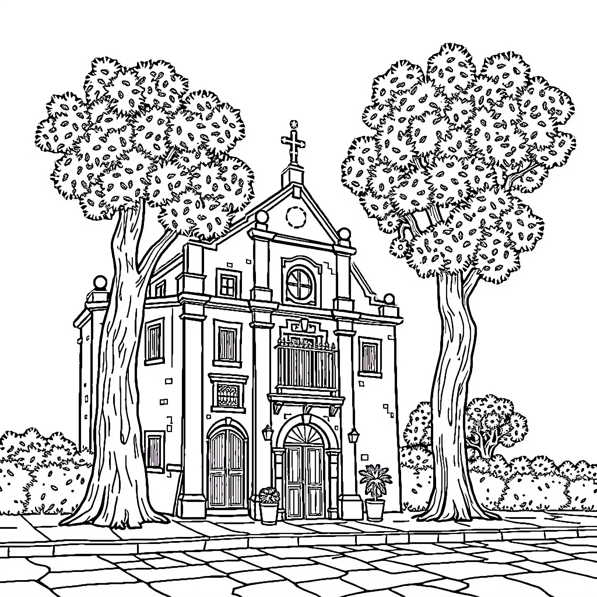 Street scene with ornate church building and trees Coloring Page (free black-and-white line drawing printable PDF for all, from beginners to advanced learners, including children, teens, adults, and seniors)