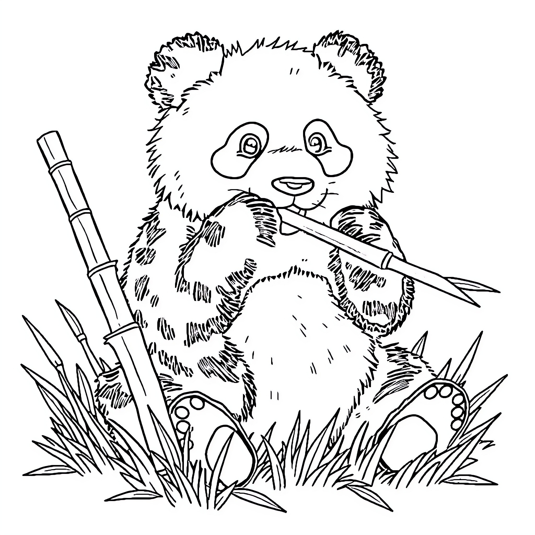 Panda playing with bamboo in the grass Coloring Page (free black-and-white line drawing printable PDF for all, from beginners to advanced learners, including children, teens, adults, and seniors)