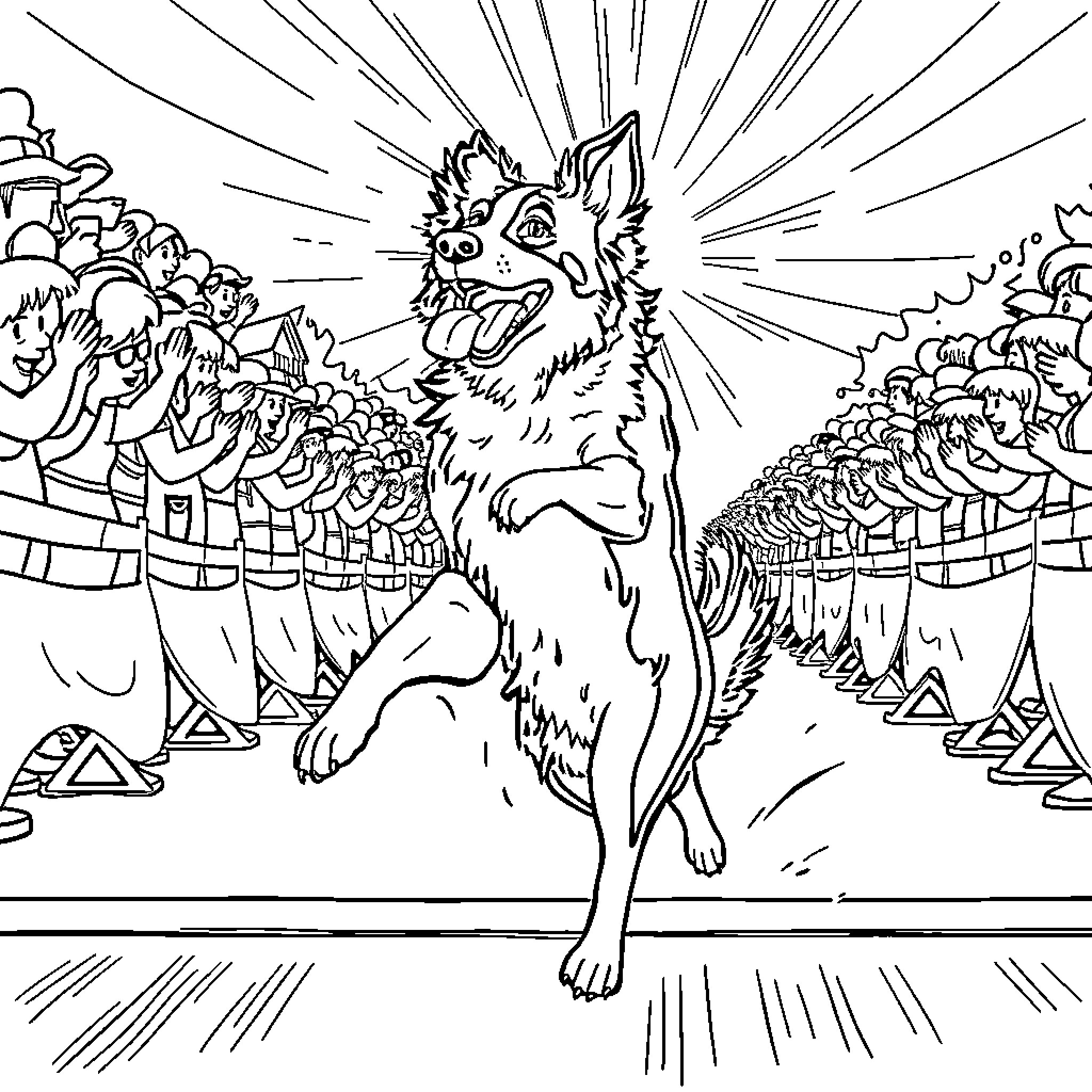 Border Collie performing on a stage Coloring Page (free black-and-white line drawing printable PDF for all, from beginners to advanced learners, including children, teens, adults, and seniors)