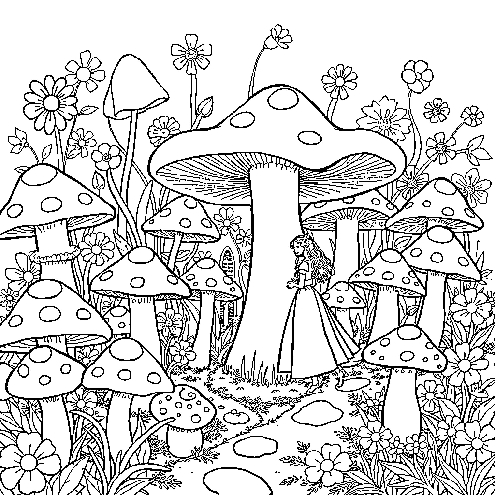 Mushroom Wonderland: Whimsical Forest Scene Coloring Page (free black-and-white line drawing printable PDF for all, from beginners to advanced learners, including children, teens, adults, and seniors)