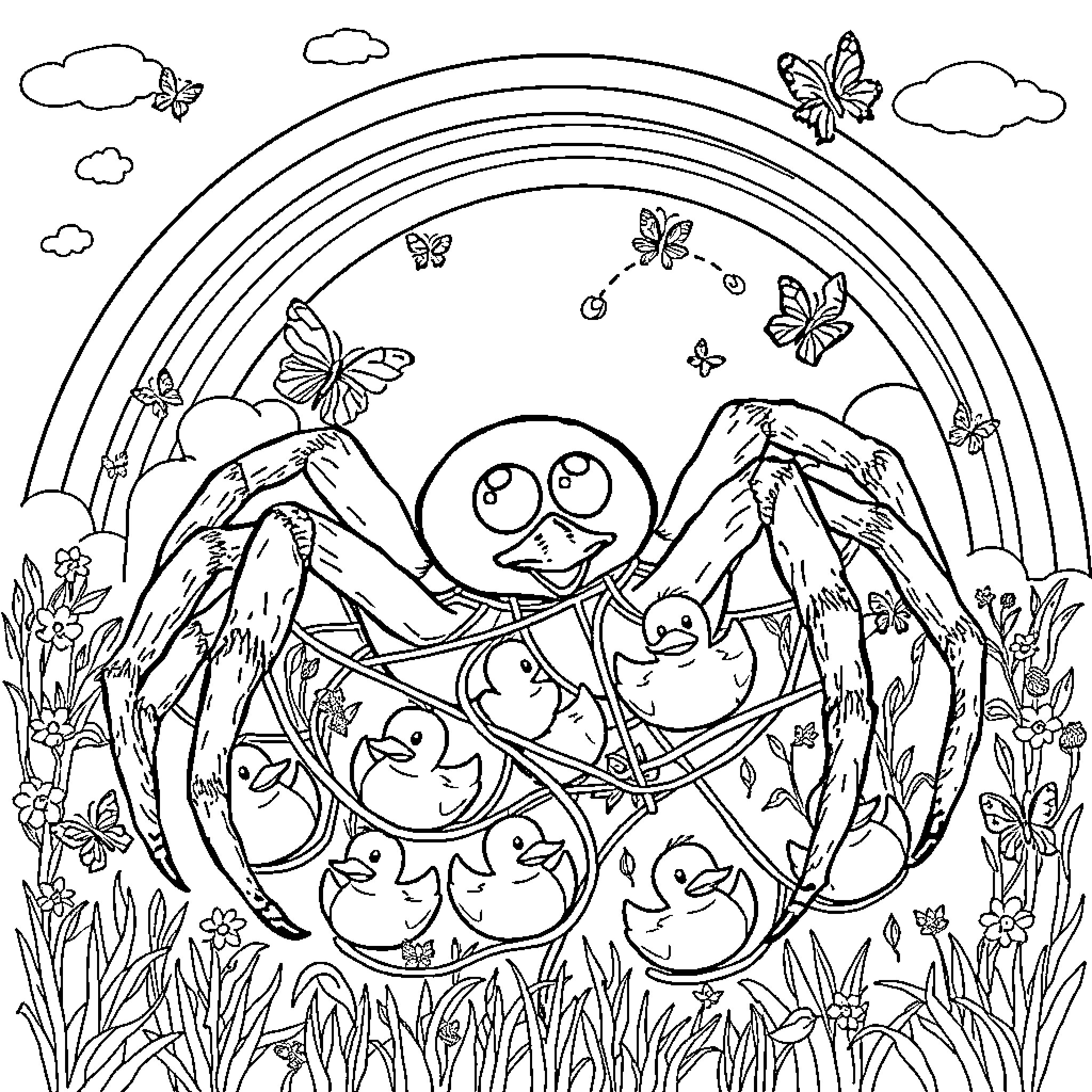 Spider surrounded by playful ducklings and butterflies Coloring Page (free black-and-white line drawing printable PDF for all, from beginners to advanced learners, including children, teens, adults, and seniors)