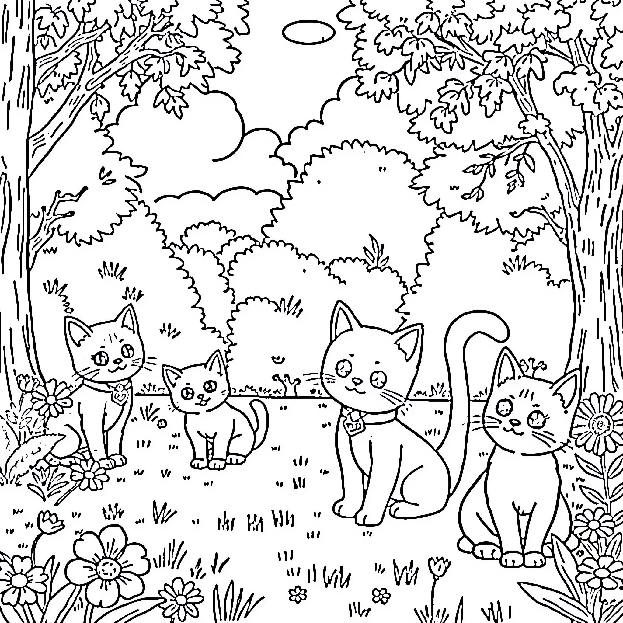 Bluey kittens explore enchanting forest landscape Coloring Page (free black-and-white line drawing printable PDF for all, from beginners to advanced learners, including children, teens, adults, and seniors)