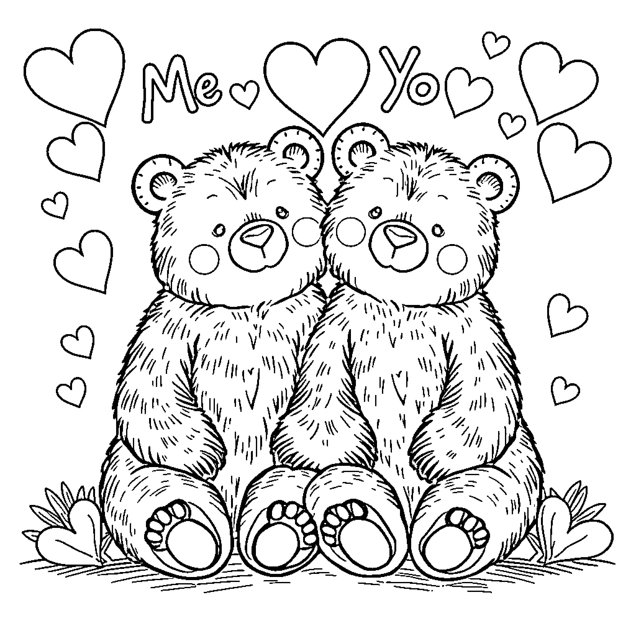 Bears expressing affection with heart shapes Coloring Page (free black-and-white line drawing printable PDF for all, from beginners to advanced learners, including children, teens, adults, and seniors)