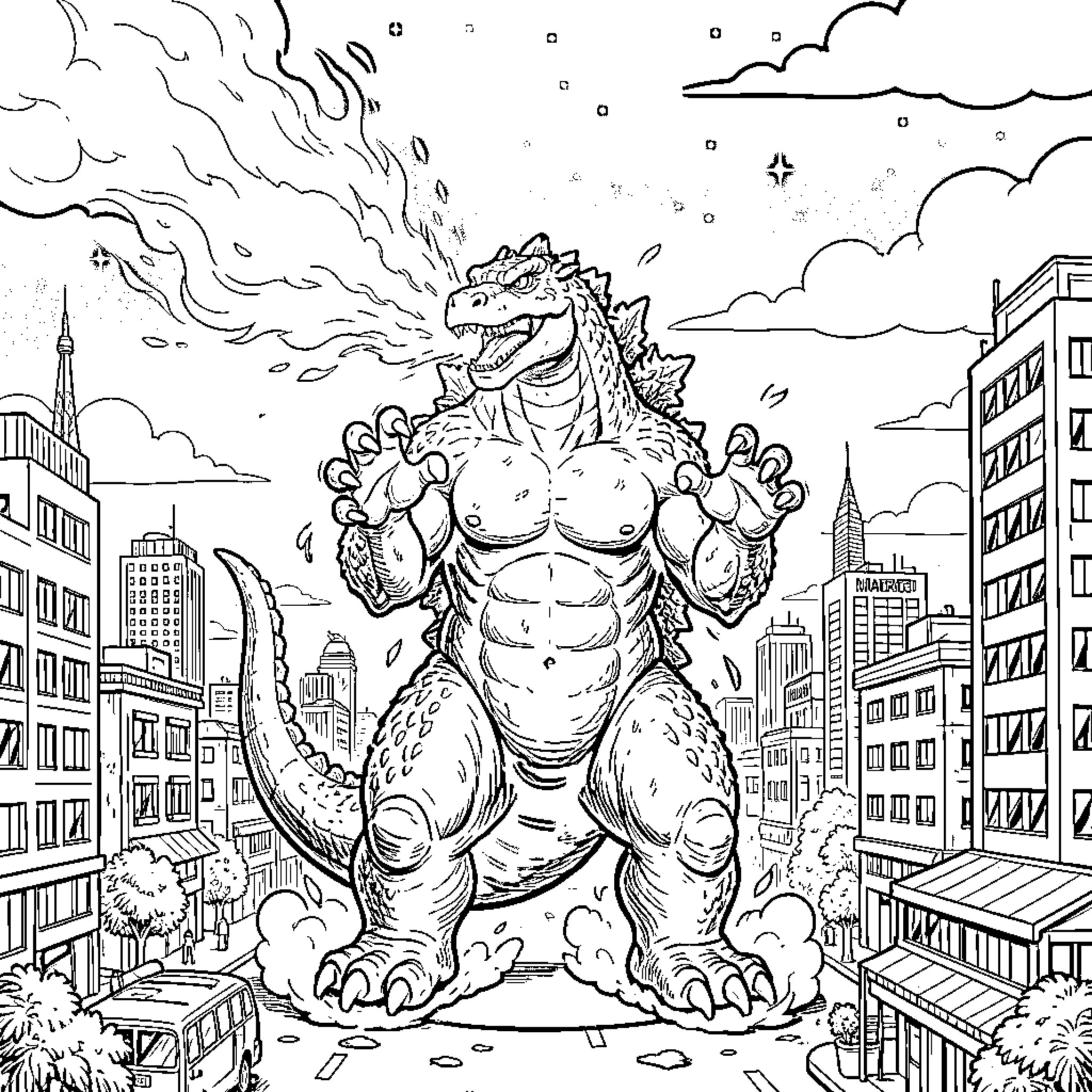 Godzilla roaring amidst a city skyline Coloring Page (free black-and-white line drawing printable PDF for all, from beginners to advanced learners, including children, teens, adults, and seniors)