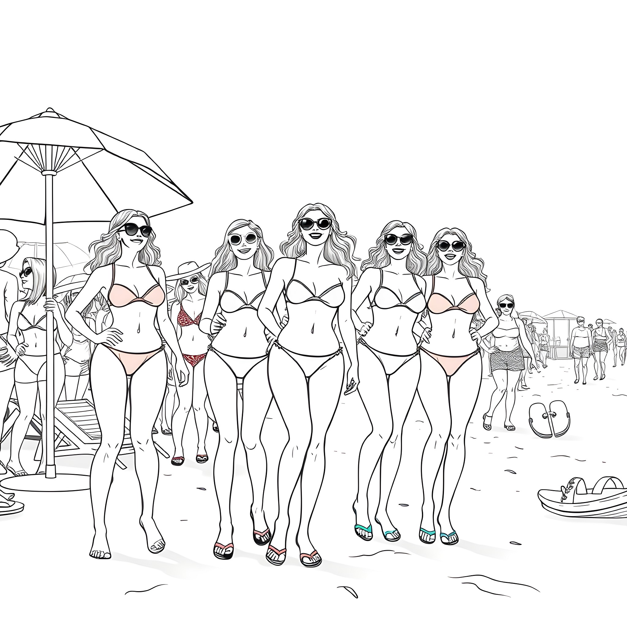 Girls enjoying a day at the beach Coloring Page (free black-and-white line drawing printable PDF for all, from beginners to advanced learners, including children, teens, adults, and seniors)
