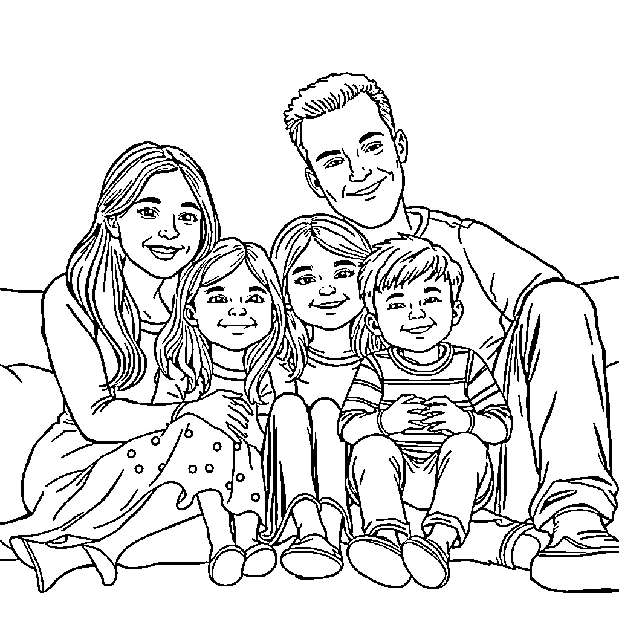 Family enjoying quality time together Coloring Page (free black-and-white line drawing printable PDF for all, from beginners to advanced learners, including children, teens, adults, and seniors)