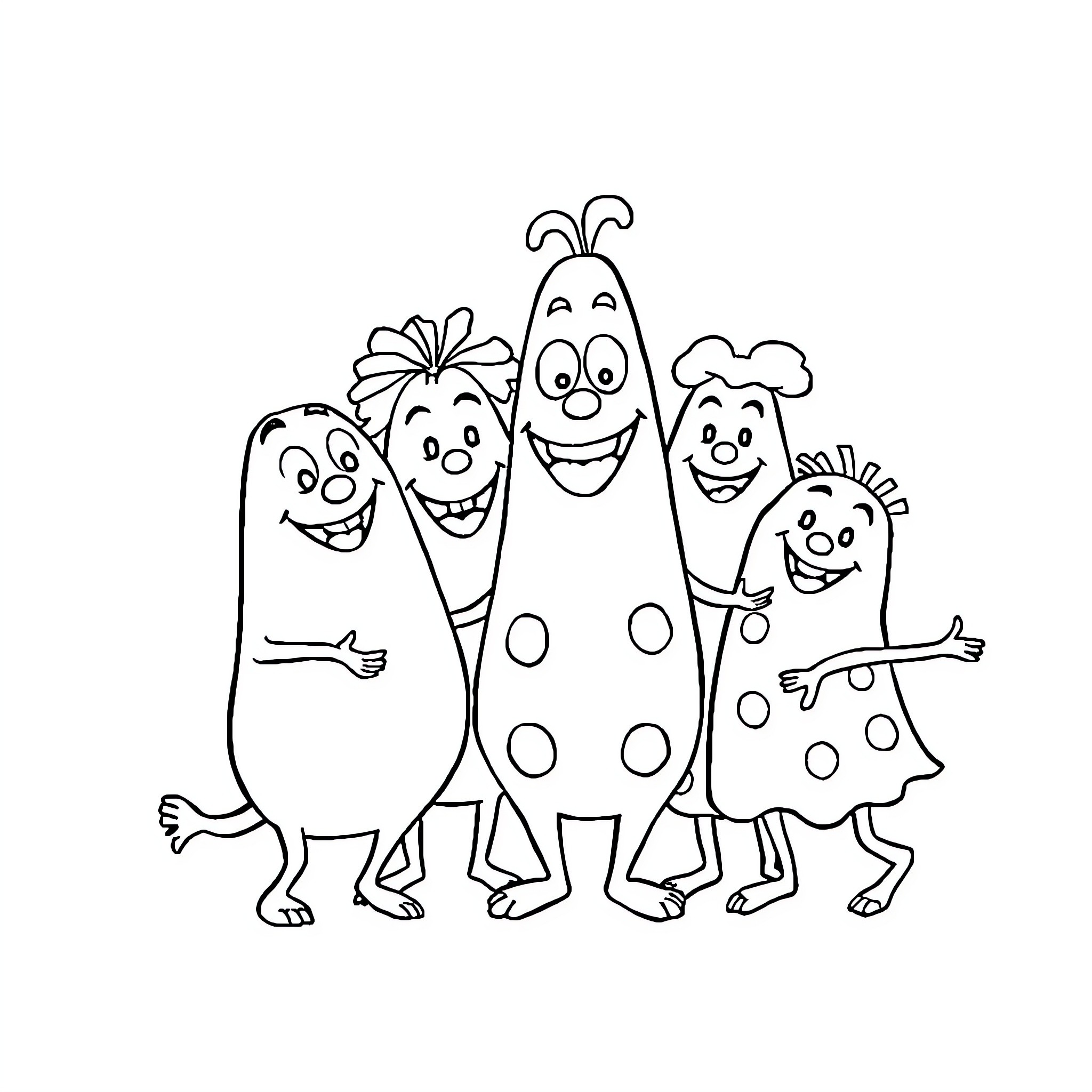 Barbapapa family members happily posing together Coloring Page (free black-and-white line drawing printable PDF for all, from beginners to advanced learners, including children, teens, adults, and seniors)