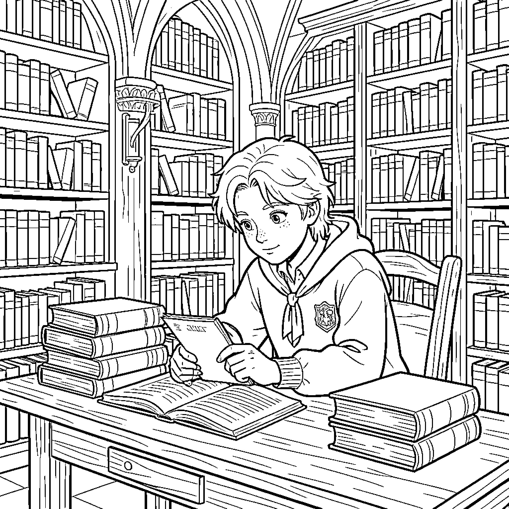Hufflepuff student studying intently in a large library Coloring Page (free black-and-white line drawing printable PDF for all, from beginners to advanced learners, including children, teens, adults, and seniors)