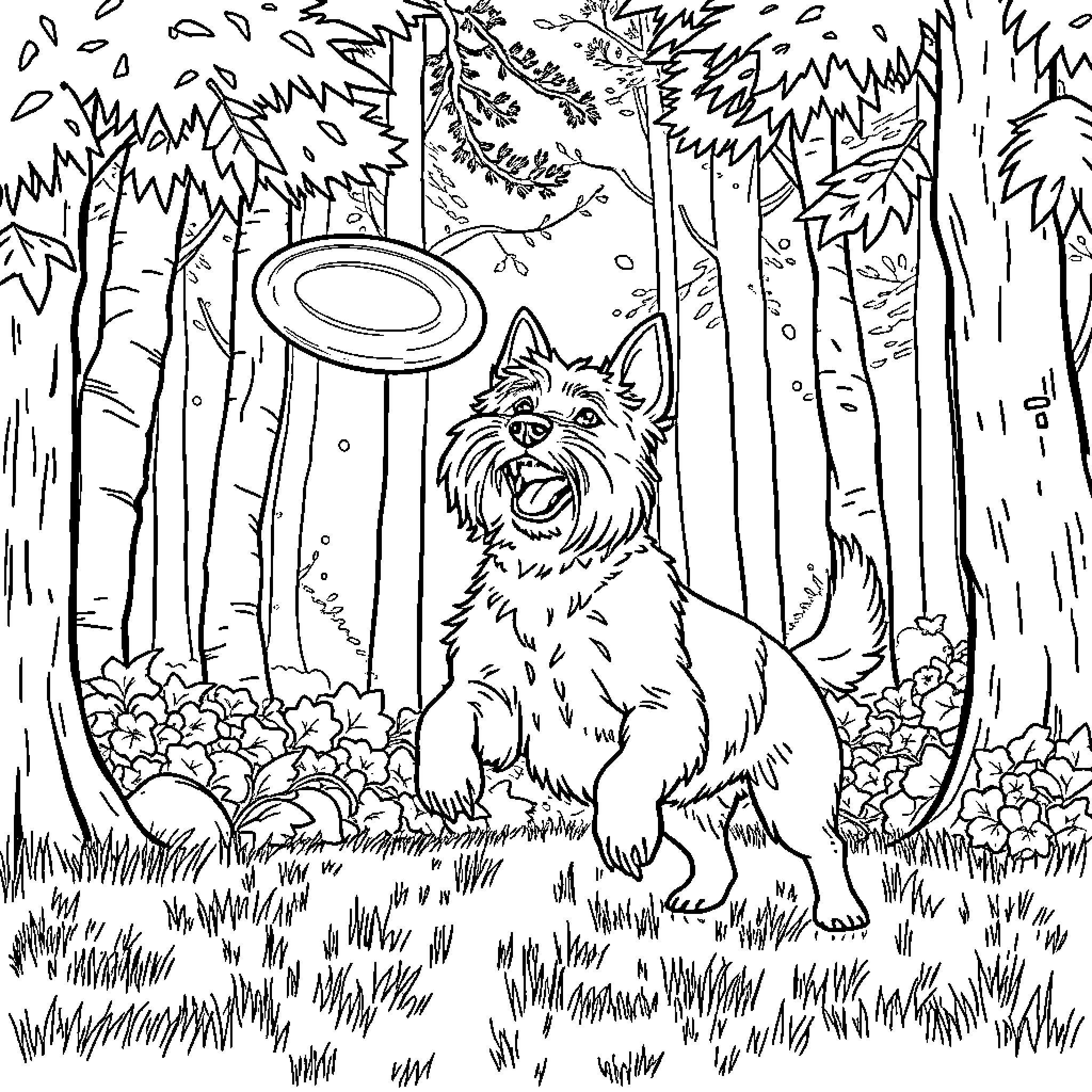 Terrier playing joyfully in the lush forest Coloring Page (free black-and-white line drawing printable PDF for all, from beginners to advanced learners, including children, teens, adults, and seniors)