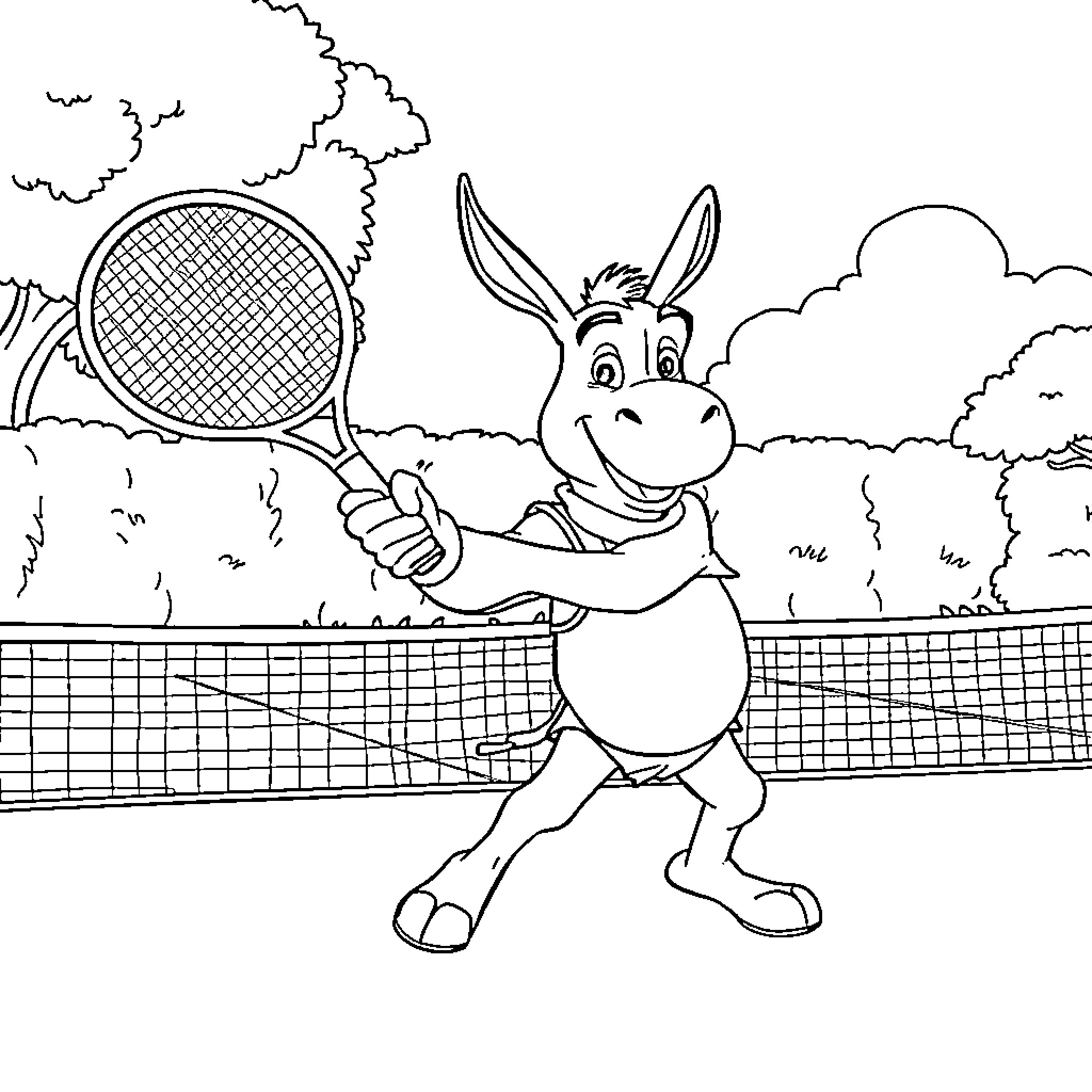 Donkey playing tennis on the court Coloring Page (free black-and-white line drawing printable PDF for all, from beginners to advanced learners, including children, teens, adults, and seniors)